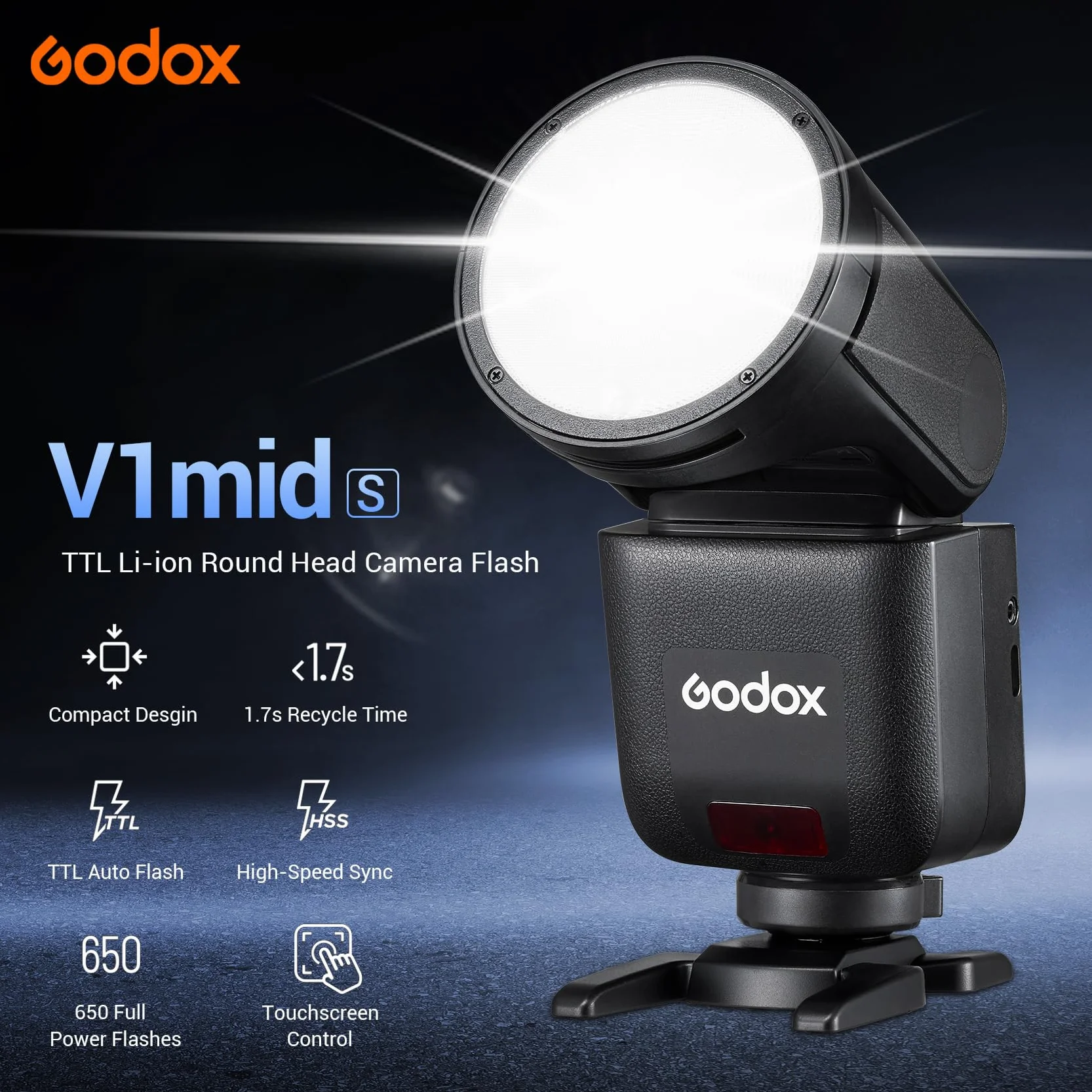 GODOX V1mid S Flash Speedlite Sony 55Ws 2,4GHz Testa Rotonda TTL HSS Riciclo 1,7s 650 Flash