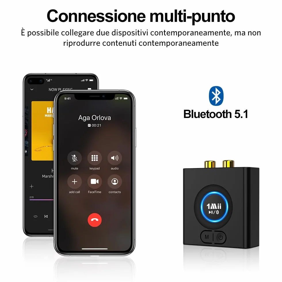 1Mii Ricevitore Bluetooth Senza Fili HiFi, Adattatore Audio Bluetooth RCA/AUX 3,5mm per Impianto Stereo, Autonomia 12H, Bassa Latenza