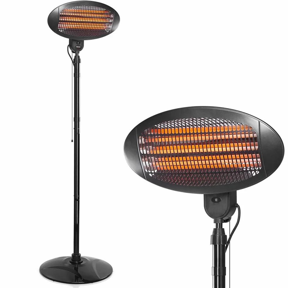 BAKAJI Stufa da Esterno al Quarzo Infrarossi per Patio Gazebo Fissaggio a Parete o Piantana da Terra Altezza 210 cm Regolabile Fungo da Esterno Termostato regolabile Potenza Massima 2000W