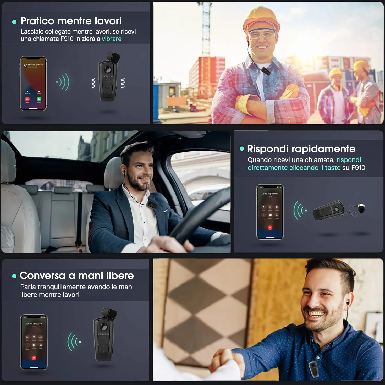 Fineblue F910 Auricolari Bluetooth Smartphone Con Clip Filo Retrattile In Ear Avviso a Vibrazione Microfono Cancellazione Rumore Nero