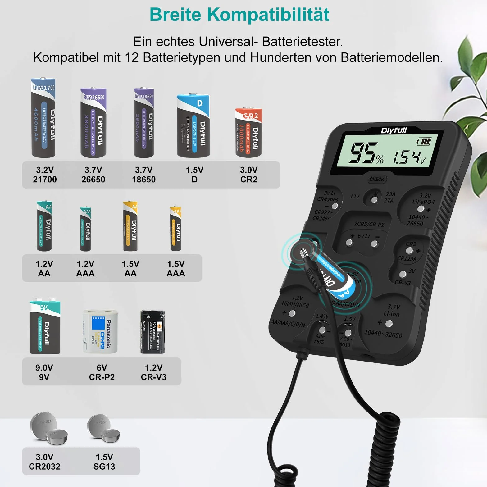 Dlyfull Tester Universale per Batterie AAA AA C D 9V CR123A CR2032 Display LCD 1,5V 3V