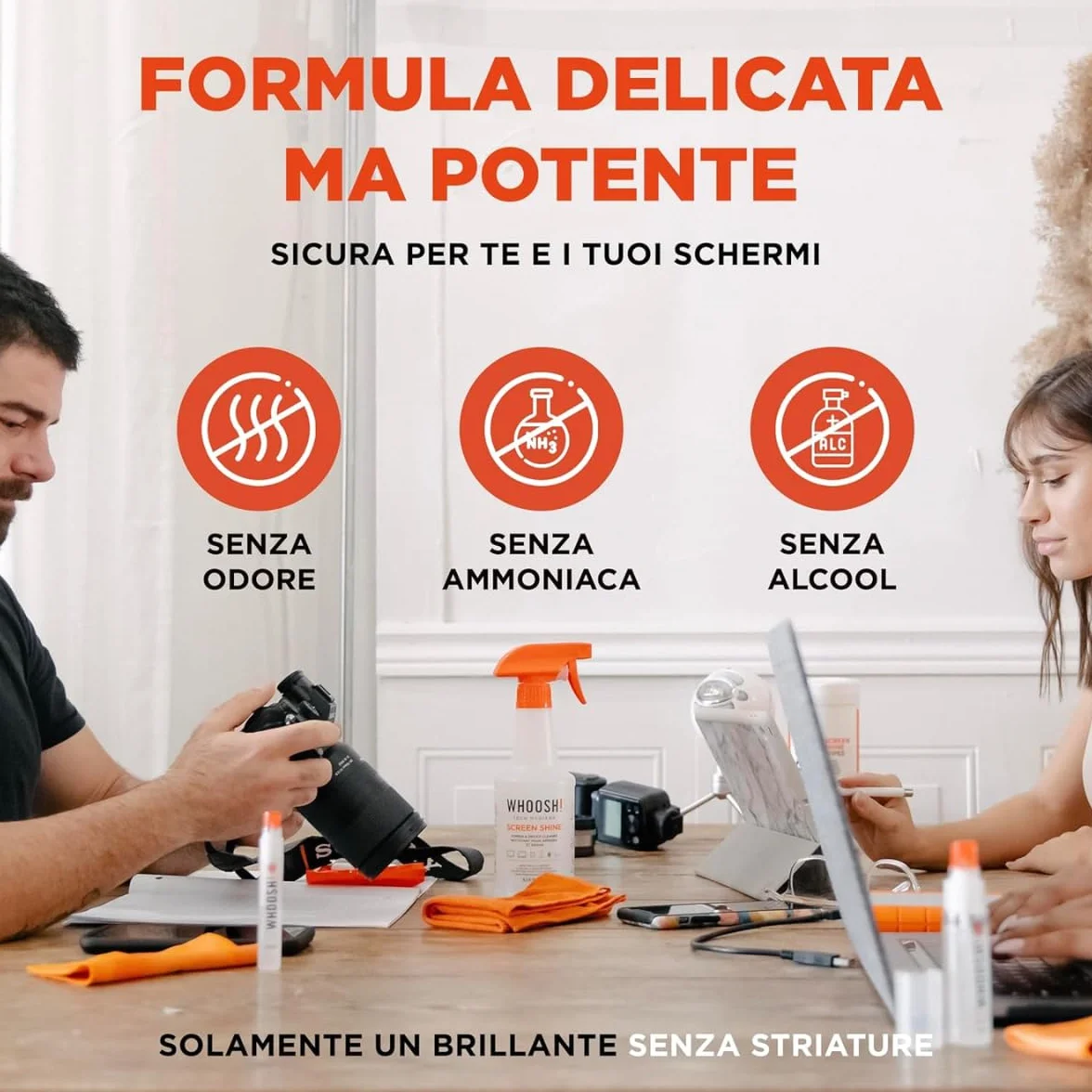 WHOOSH! Screen Shine Duo Kit 8ml+100ml Spray Pulizia Schermo per Laptop, Occhiali, MacBook