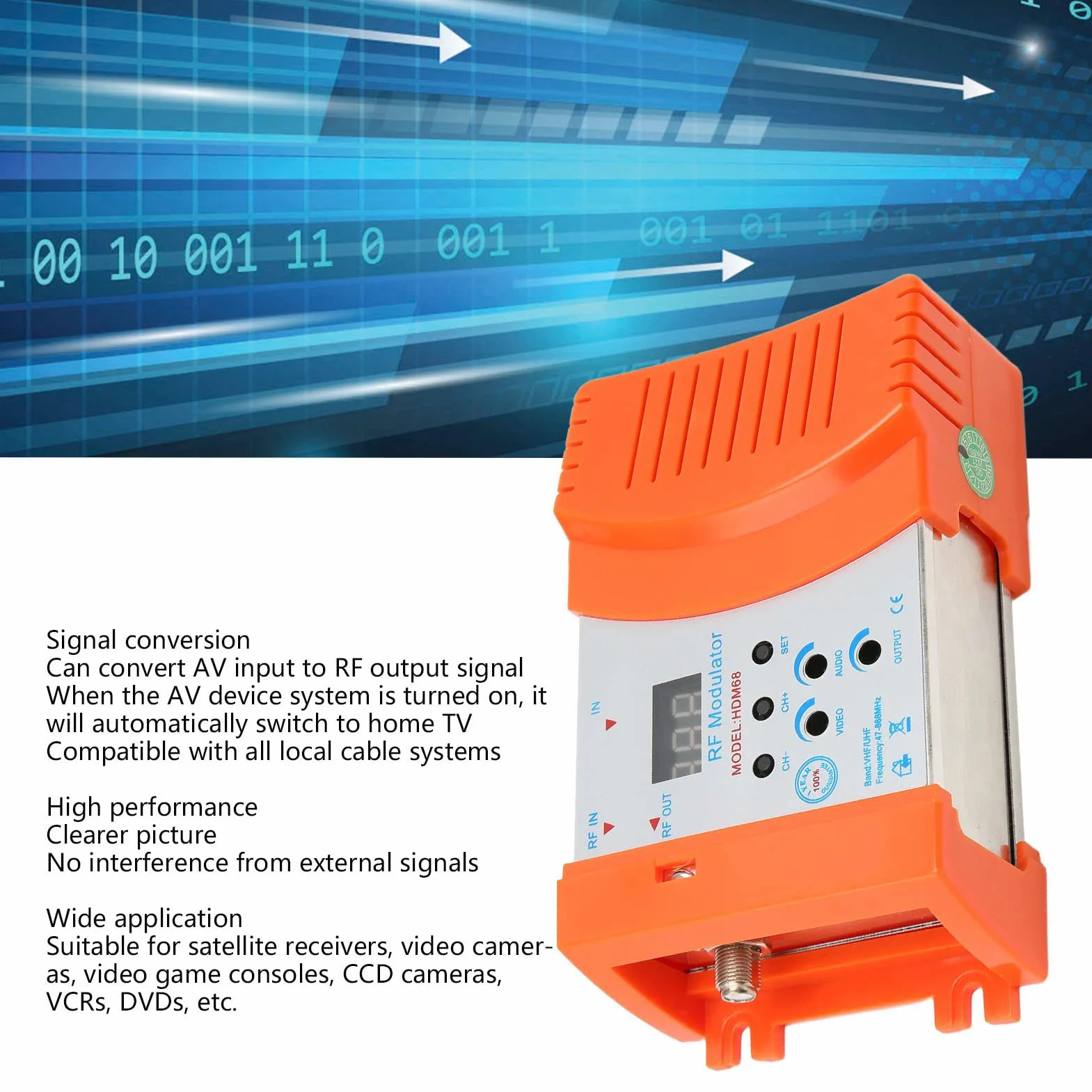 Modulatore RF Digitale HDM68 Convertitore AV a RF PAL NTSC VHF UHF HD per Ricevitore Satellitare Videocamera