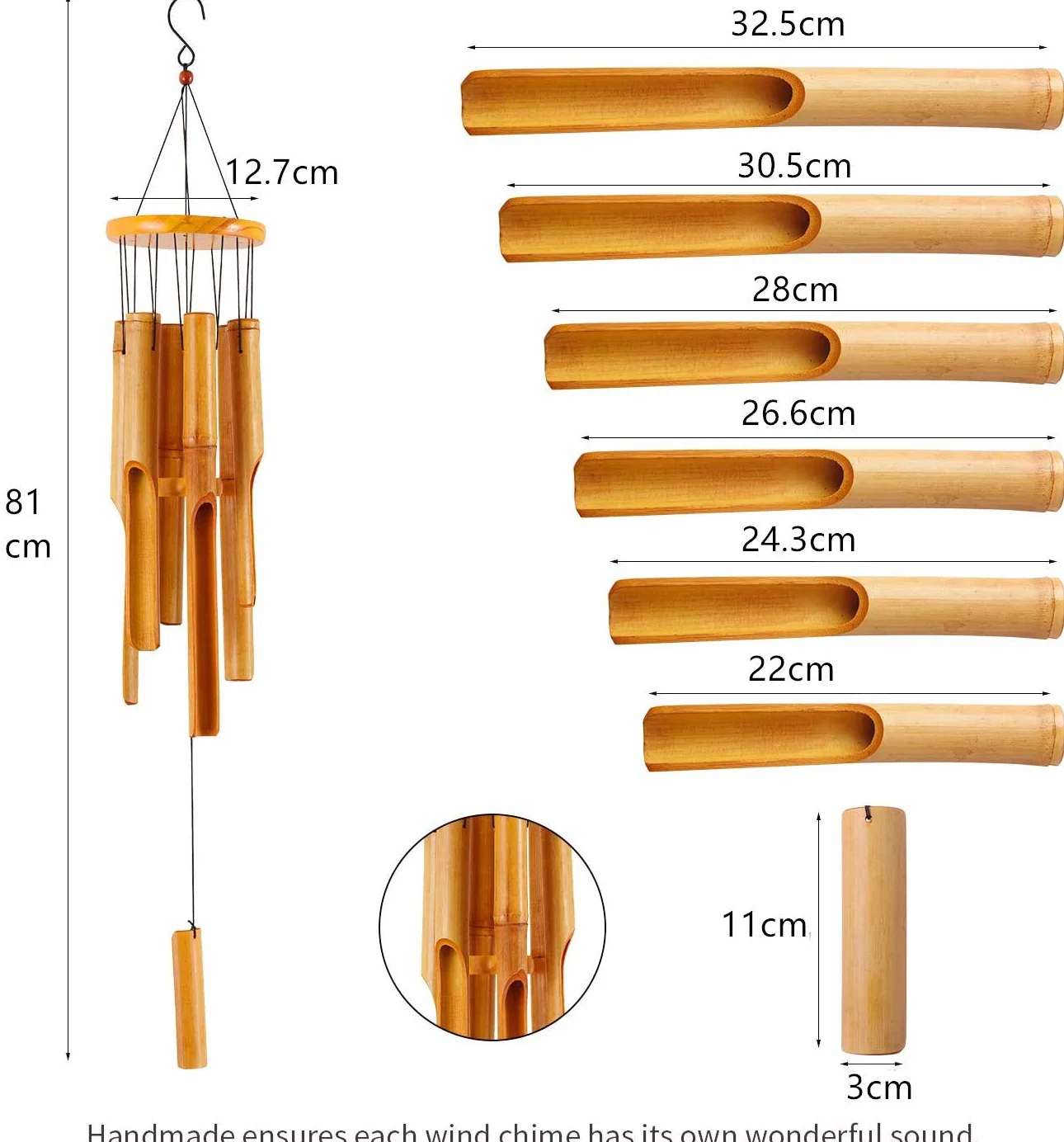Carillon a vento in bambù commemorativo in legno, grande per interni ed esterni, 81,3 cm, per giardino, cortile, patio e decorazioni per la casa