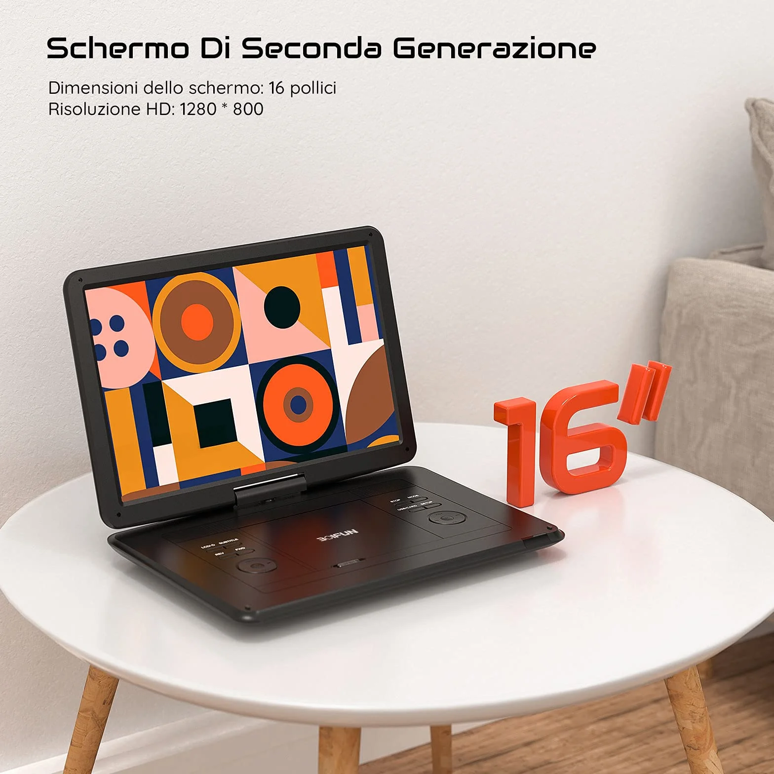 Lettore DVD Portatile 17,5" Schermo HD 16" Batteria 6 Ore USB/SD Sync TV Nero