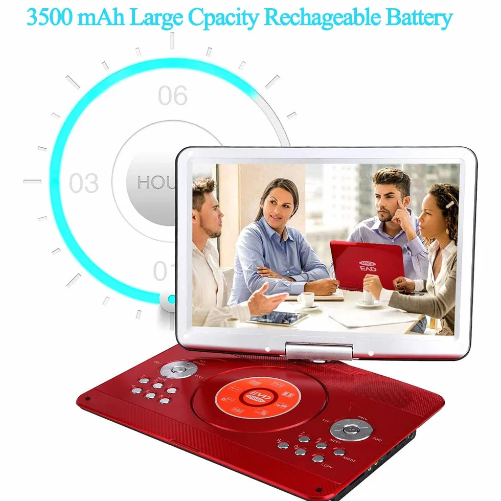 YOOHOO Lettore DVD portatile 16,9" schermo LCD per bambini con adattatore auto ricaricabile SD USB AV IN/OUT telecomando rosso