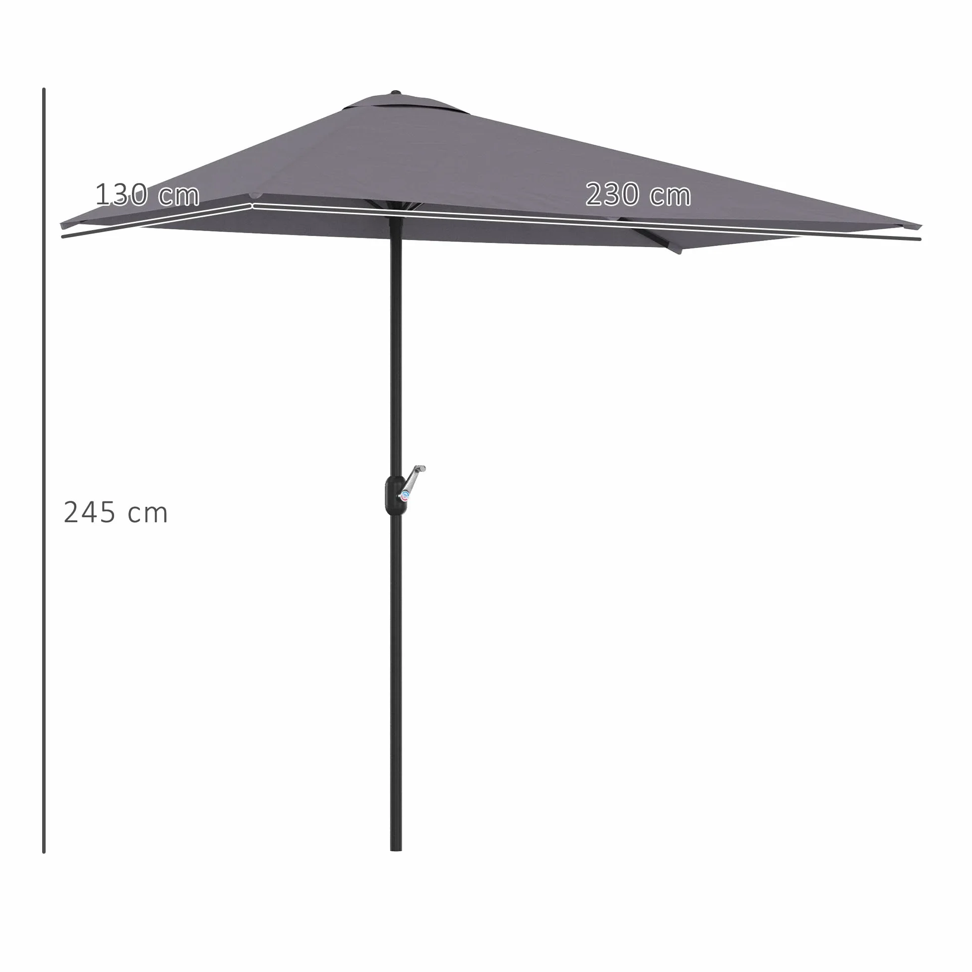 Outsunny Ombrellone Mezzaluna da Parete e Muro 2.3x1.3 m con Apertura a Manovella, Ombrellone da Giardino con 5 Stecche in Metallo e Poliestere 180g/㎡, Anti UV, per Terrazza e Balcone