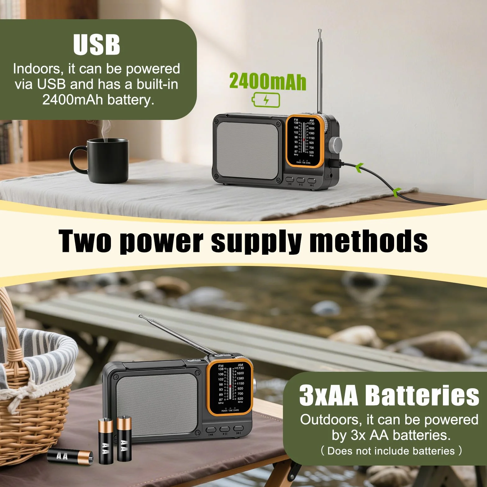 Tendak Radio Portatile FM/AM Ricaricabile 2400mAh Bluetooth Luce Lettura TF