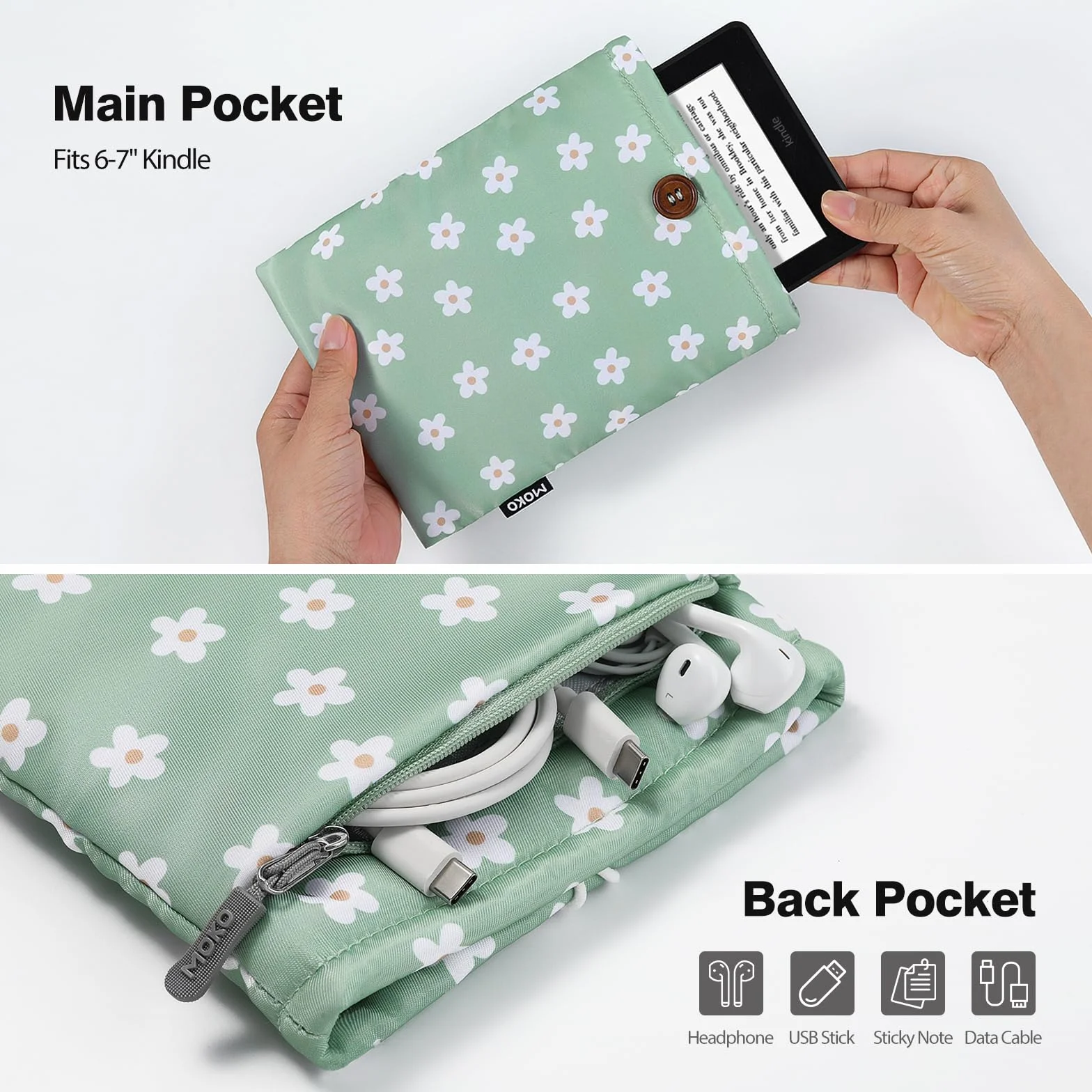 MoKo Fiori Verdi Imbottito Sleeve Pouch per Kindle Colorsoft Paperwhite 12° Gen 2024 Oasis Voyage Kobo eReader 6-7 Pollici