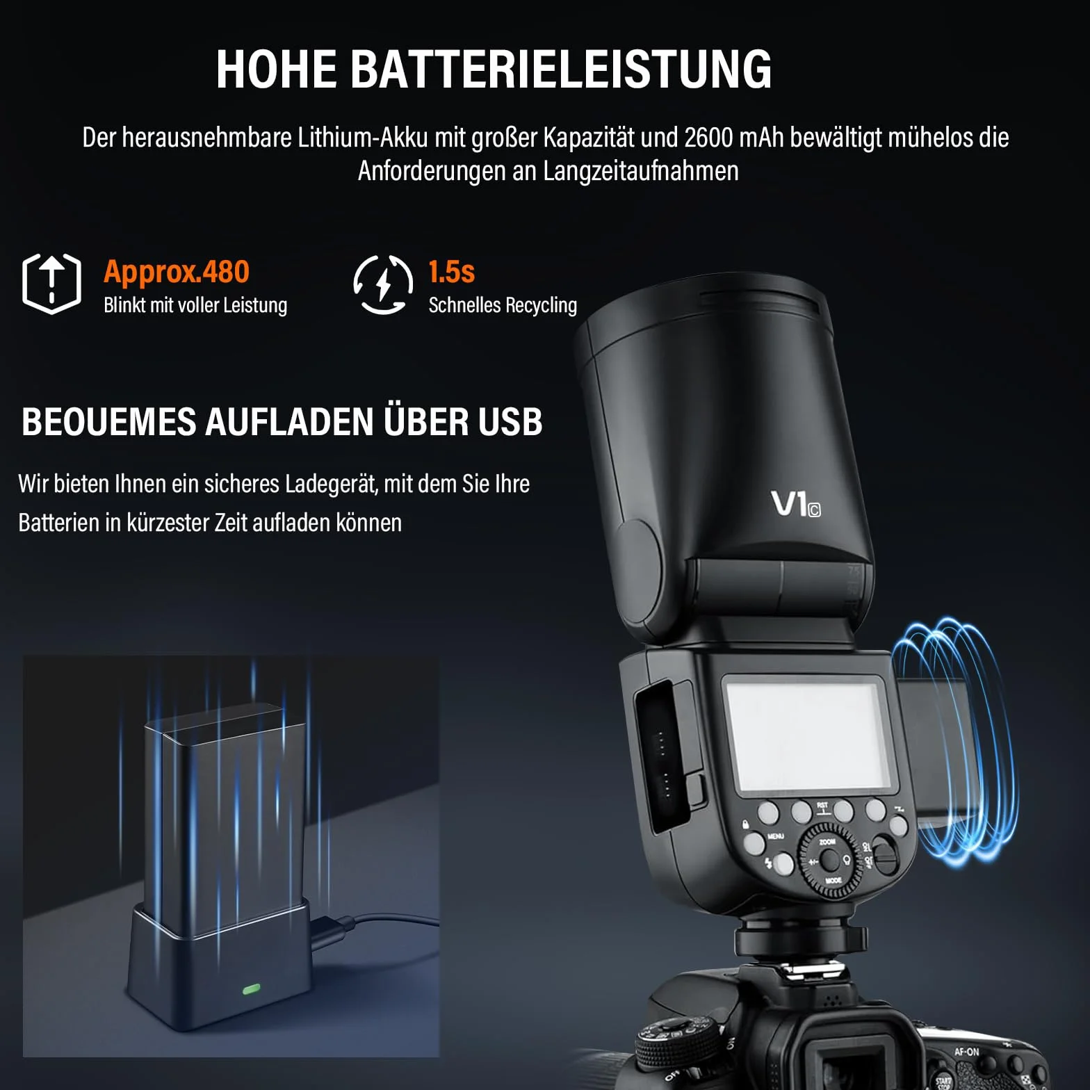 Godox V1F Flash Speedlite 76Ws 2.4G Alta Velocità Sync 1/8000s 2600mAh Li-Ion Akku per Fotocamere Fuji