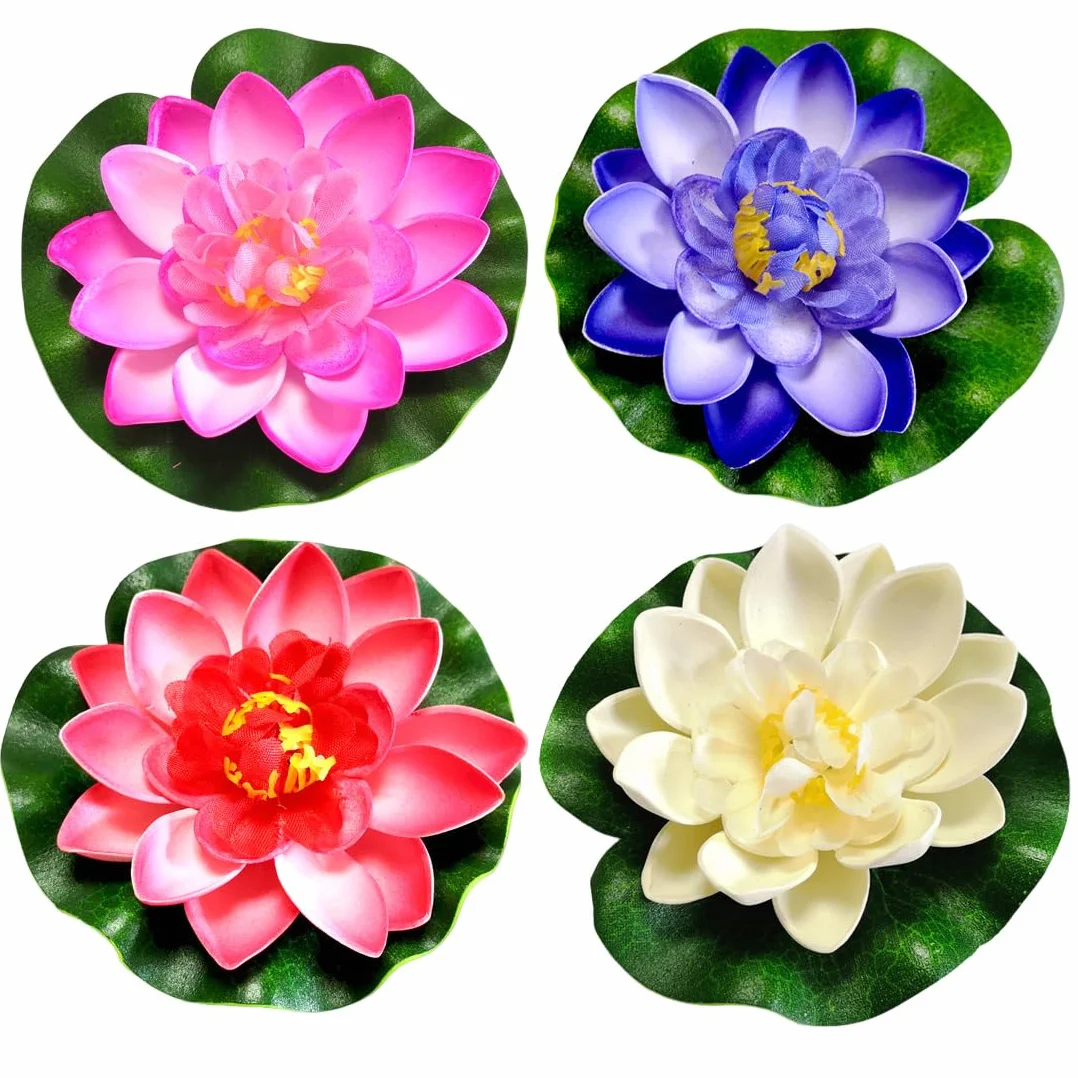 4 fiori galleggianti, ninfee artificiali, Fiori di Loto Galleggianti Finti,fiori di loto, fiori di loto, fiore, stagno di loto, per piscine, acquari, scene di torrenti con 1 foglie di loto