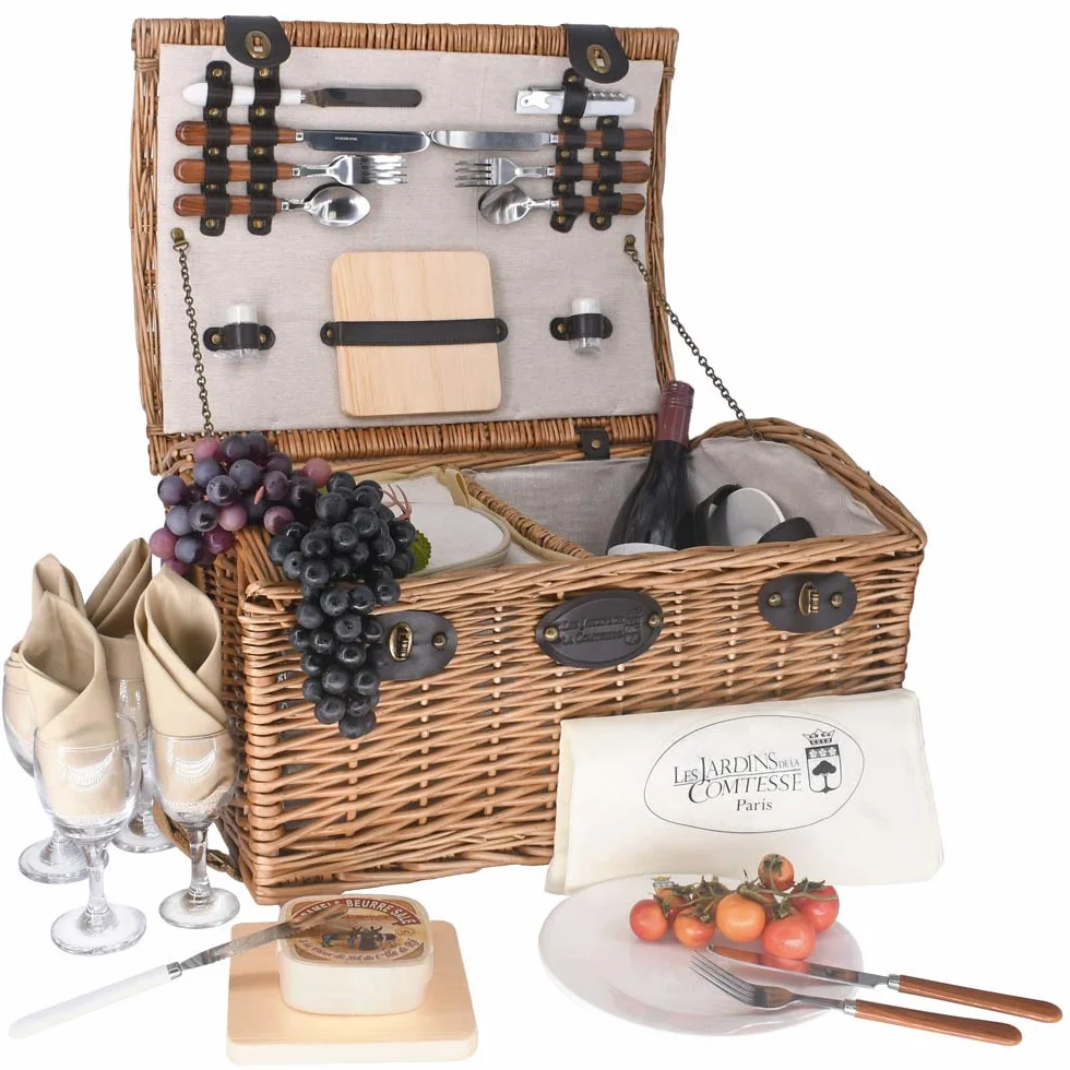 Les Jardins de la Comtesse - Cestino da Picnic "Gisors" di Vimini - 4 Persone -Scompartimento Isotermico - Piatti in Ceramica e Bicchieri da Vino in Cristallo - Tessuto Colore Crema - 48 x 36 x 27 cm
