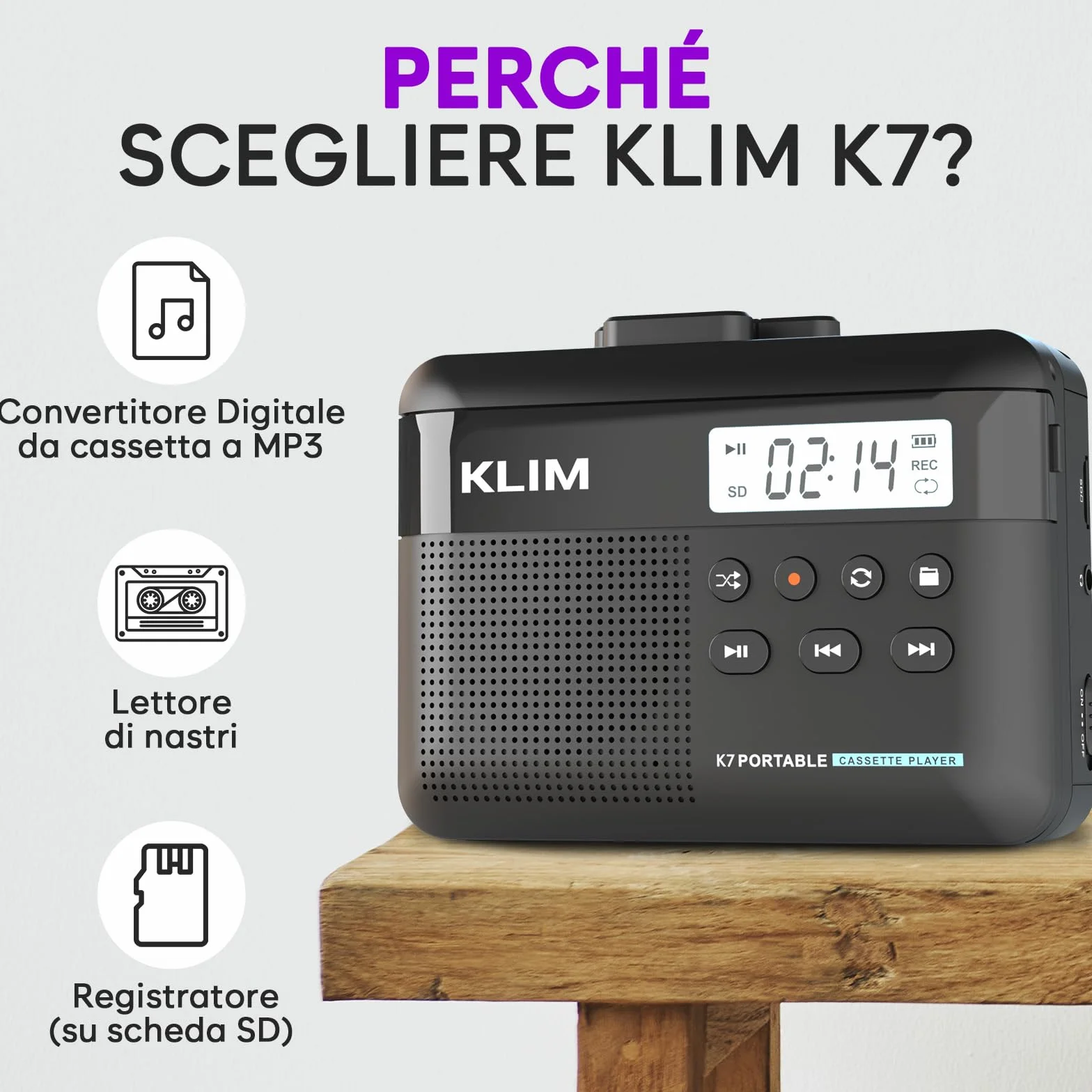 K7 Cassette Player MP3 Convertitore Lettore Audio Portatile con Microfono Altoparlante Batteria Ricaricabile Auricolari Scheda SD 8 GB Nero