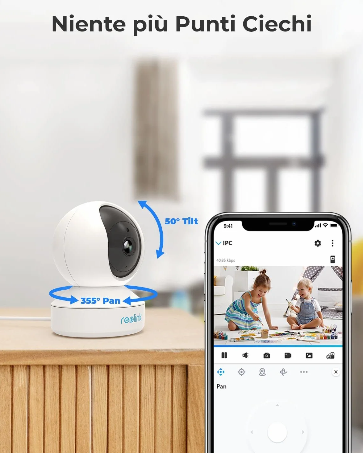 Reolink Telecamera WiFi Interno 3MP Pan/Tilt E1 Ricondizionato, Sorveglianza 2.4GHz Audio 2 Vie Visione Notturna Rilevazione Movimento