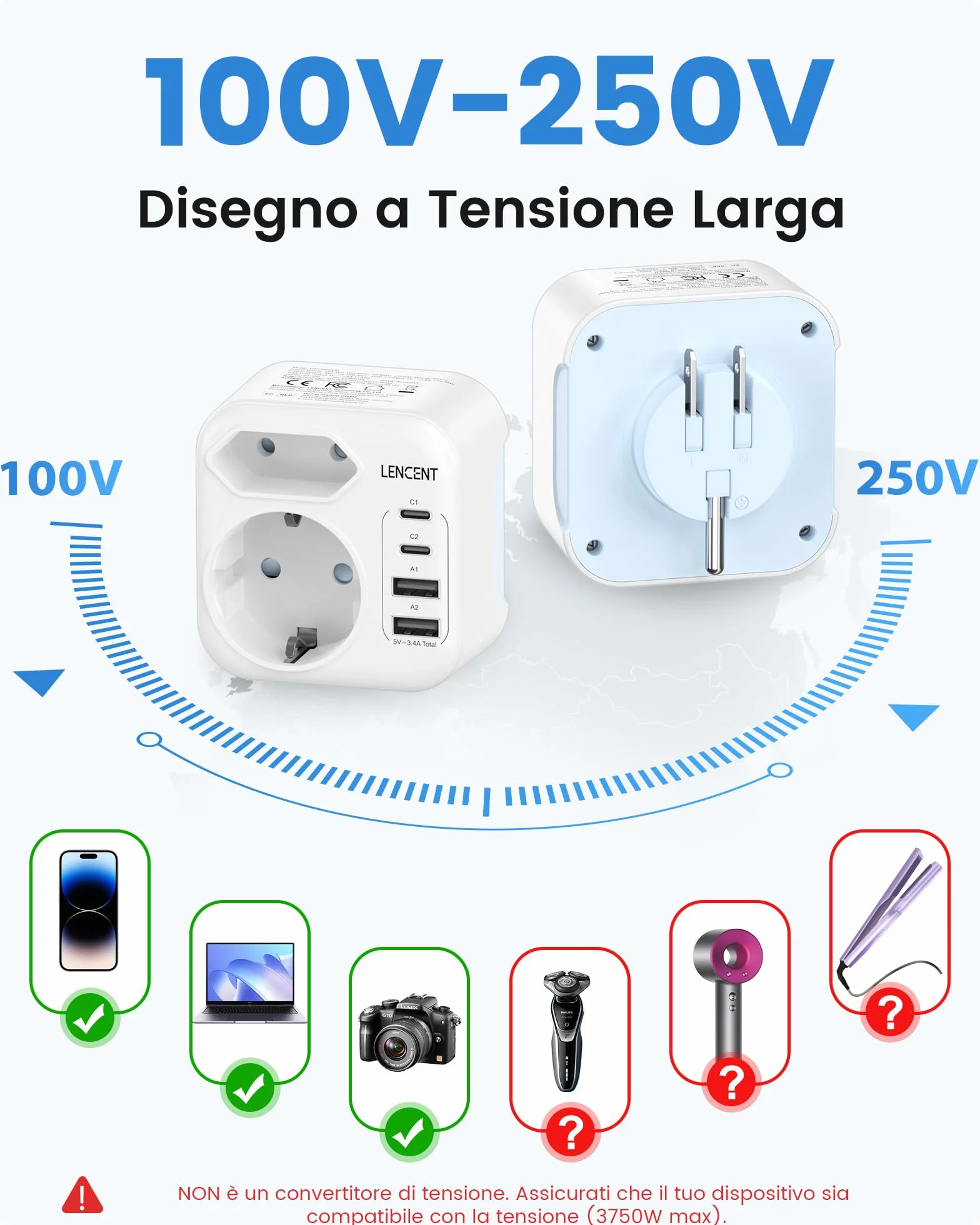 LENCENT Adattatore da Viaggio Tipo A e Tipo B con USB-C Pieghevole, Presa UE a Spina US per Stati Uniti