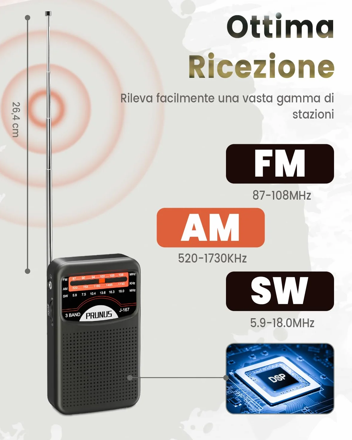 PRUNUS J-167 Radio Portatile Ricaricabile FM/AM con Jack/Cinturino, Nero