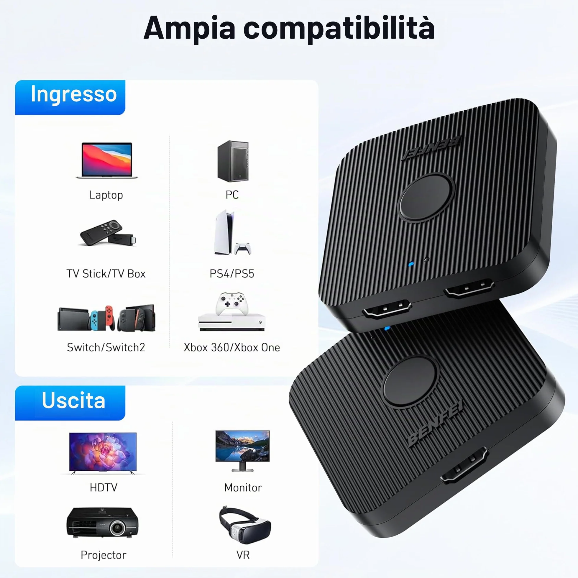BENFEI Commutatore HDMI 4K, 2 Ingressi 1 Uscita, Supporta 4K 3D HD 1080P per Firestick Xbox PS4 Roku HDTV