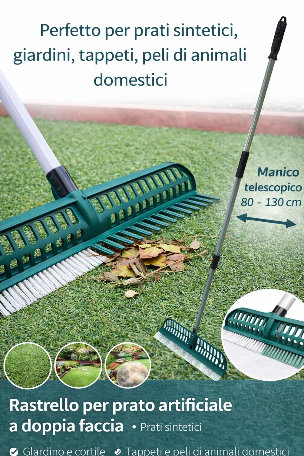 Scopa Rastrello Prato Sintetico a Doppia Faccia Spazzola Pulizia Erba Artificiale Setole in Poliammide Larghezza 45cm per Pulizia Giardino, Tappeti e Peli Animali