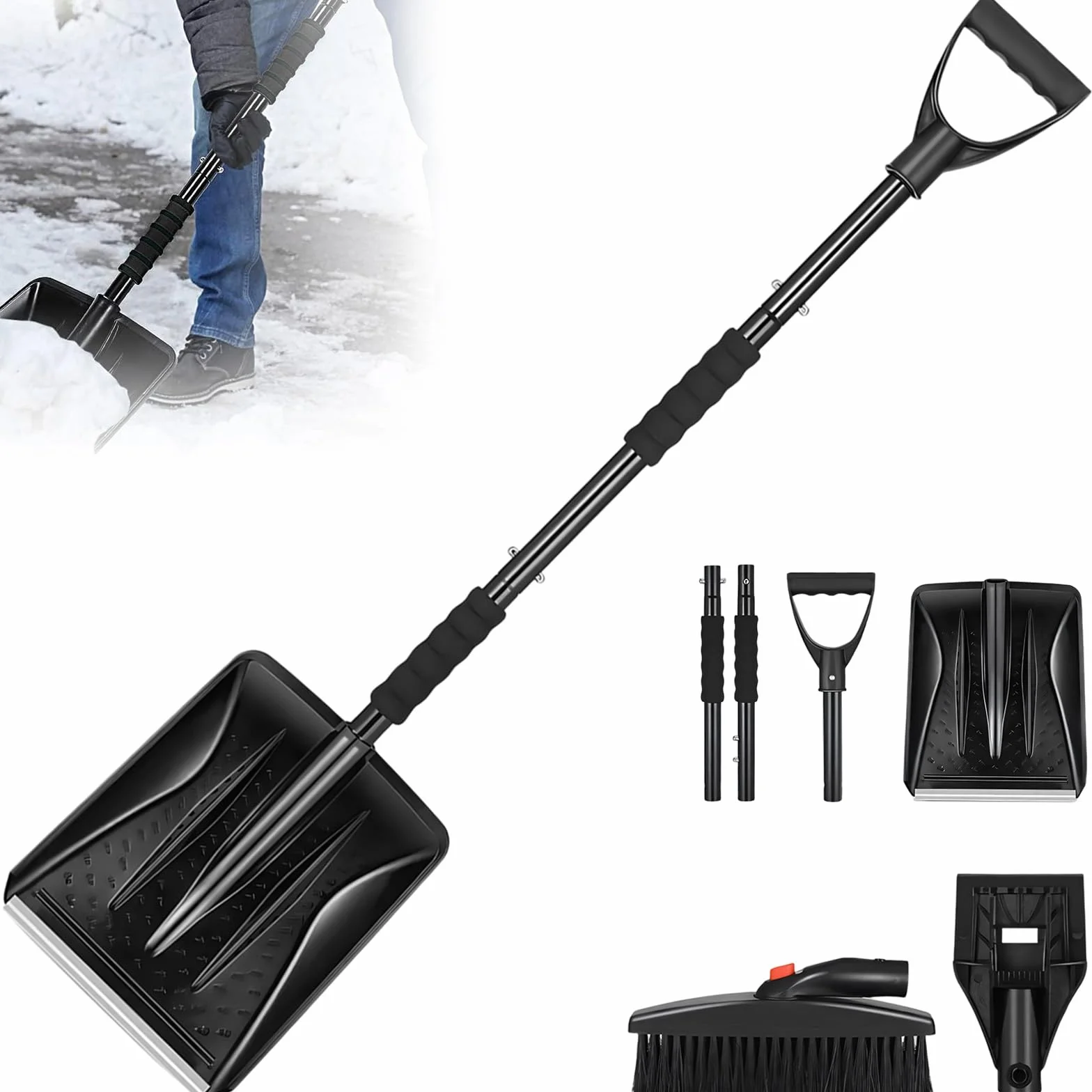 Pala da Neve Portatile, 112 Cm Staccabile Kit 3 In 1 Pala da Neve Retrattile Con Raschietto per Ghiaccio e Spazzola da Neve per Ghiaccio, Neve, Graniglia per Vialetto Auto