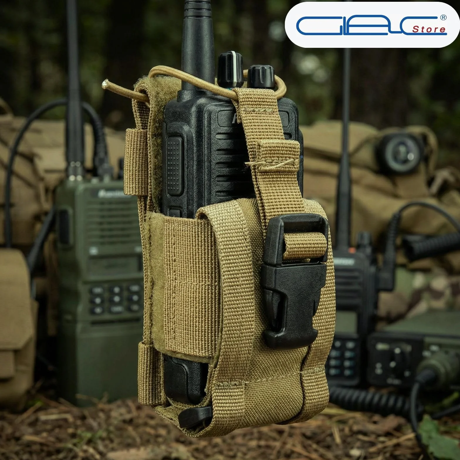 Tasca porta radio tattica MOLLE universale compatibile gilet zaini cinture 4 colori Tan