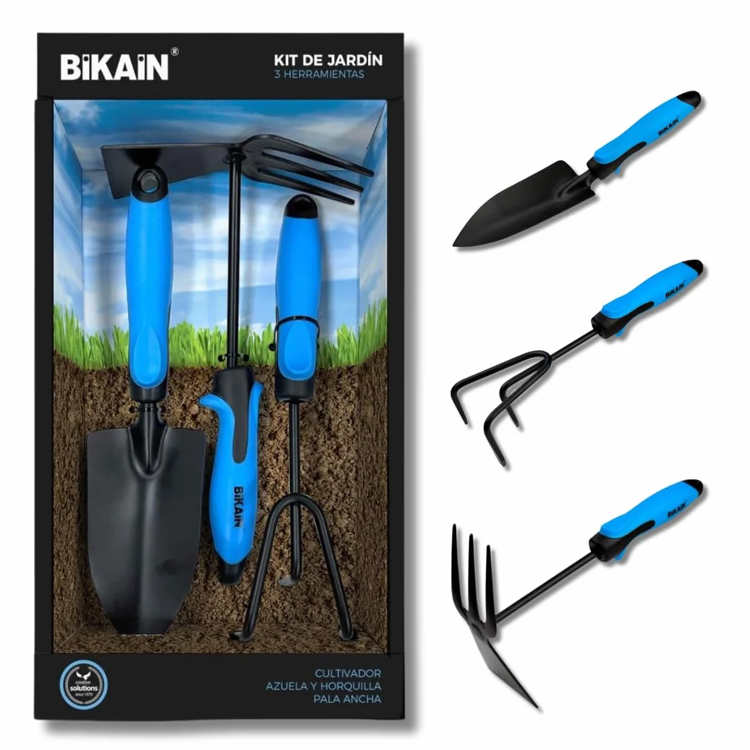 BIKAIN - Kit per giardinaggio e orticoltura - Include pala larga, piccone + forca e coltivatore - Manici ergonomici e antiscivolo - Utensili in acciaio - Utensili da giardinaggio