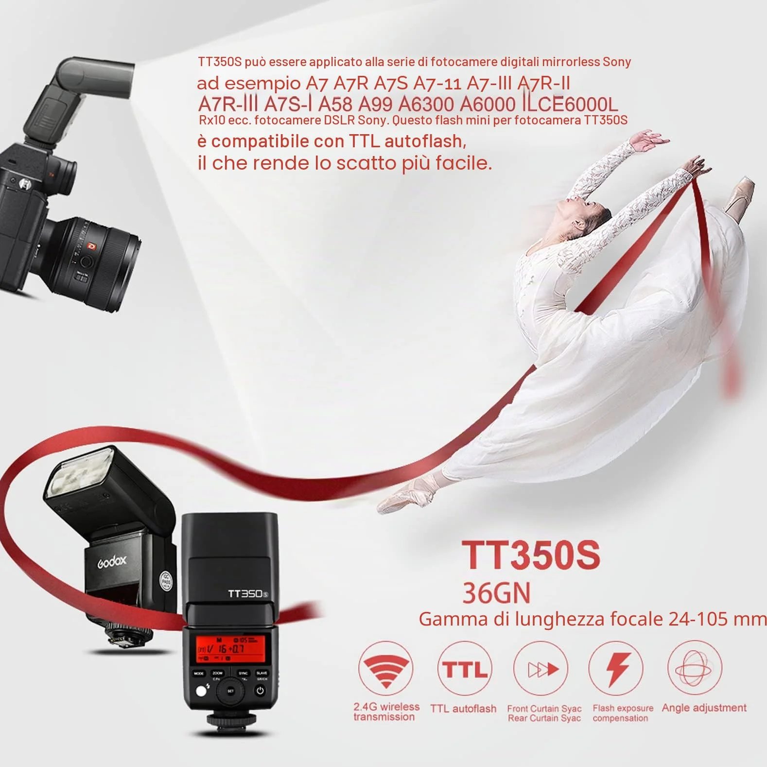 Godox TT350S Flash Sony Speedlite 2.4G Wireless HSS 1/8000s Master Slave A7R A7S A6300 A6000 A58 A99