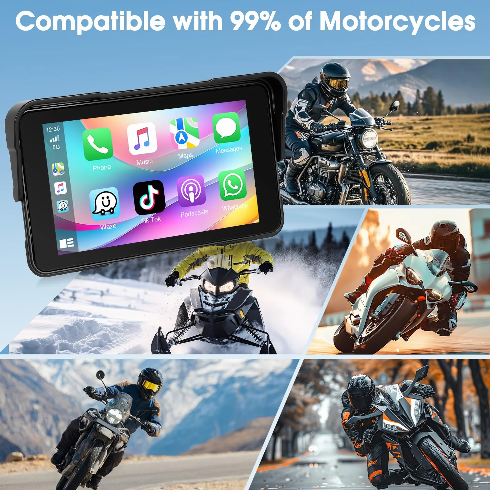 A-pple CarPlay Display Moto Android Auto IP68 Touchscreen HD 5 Pollici Autoradio Portatile Navigazione GPS Bluetooth Radio FM