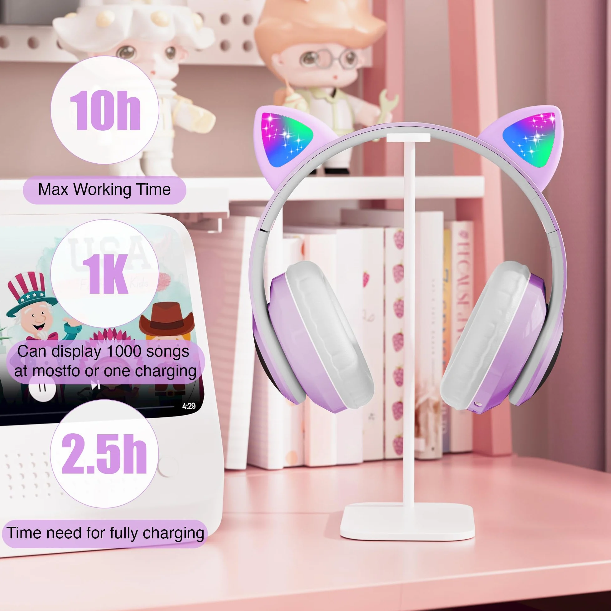 Cuffie Wireless Bambini con LED, Bluetooth Cuffie con Orecchie Gatto Pieghevoli con Microfono, Micro SD Regalo Natale Compleanno Ragazze Viola