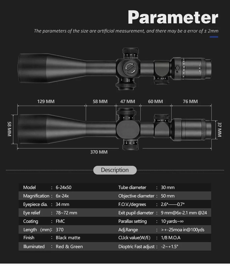 SPINA OPTICS 6-24x50 FFP Primo Focal Plane Riflescope Mil-dot Parallasse Tubo 30mm Nero