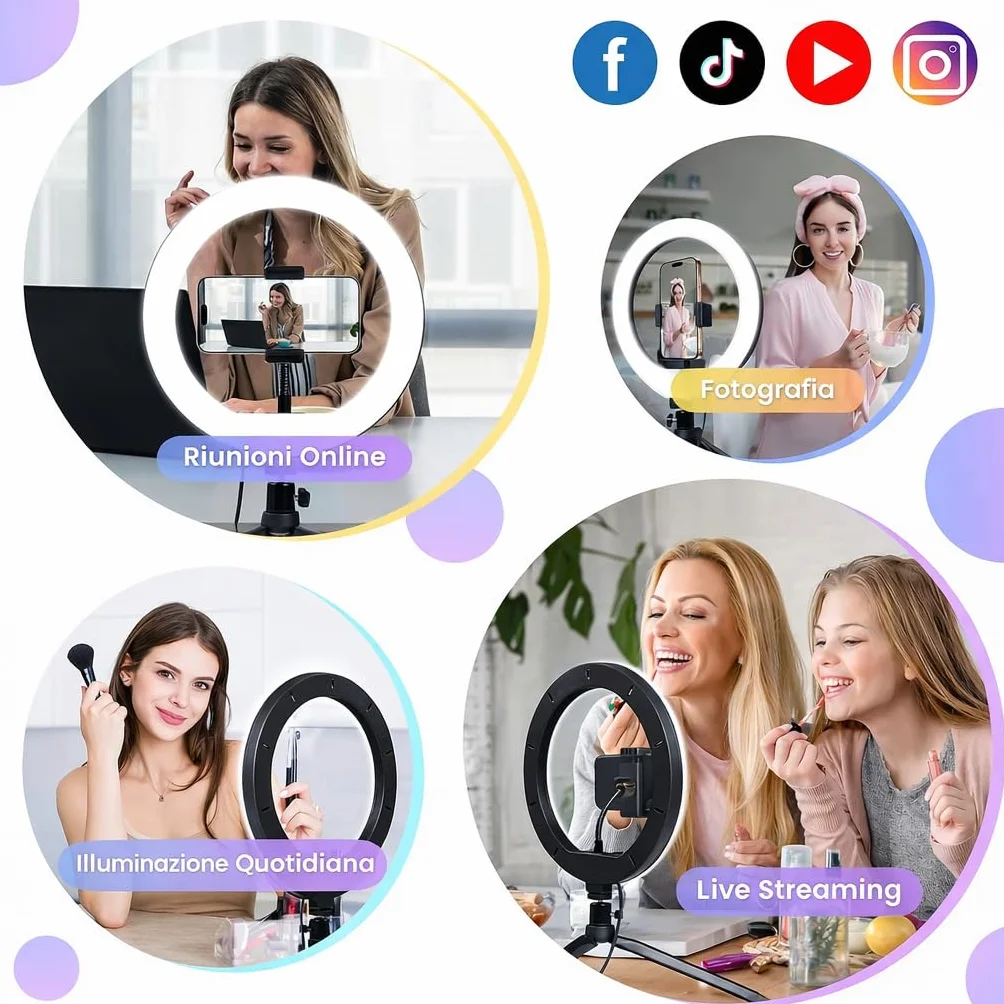 Lampada ad Anello LED 12" 30cm Regolabile per Selfie Video Foto Treppiede 3 Modalità Illuminazione