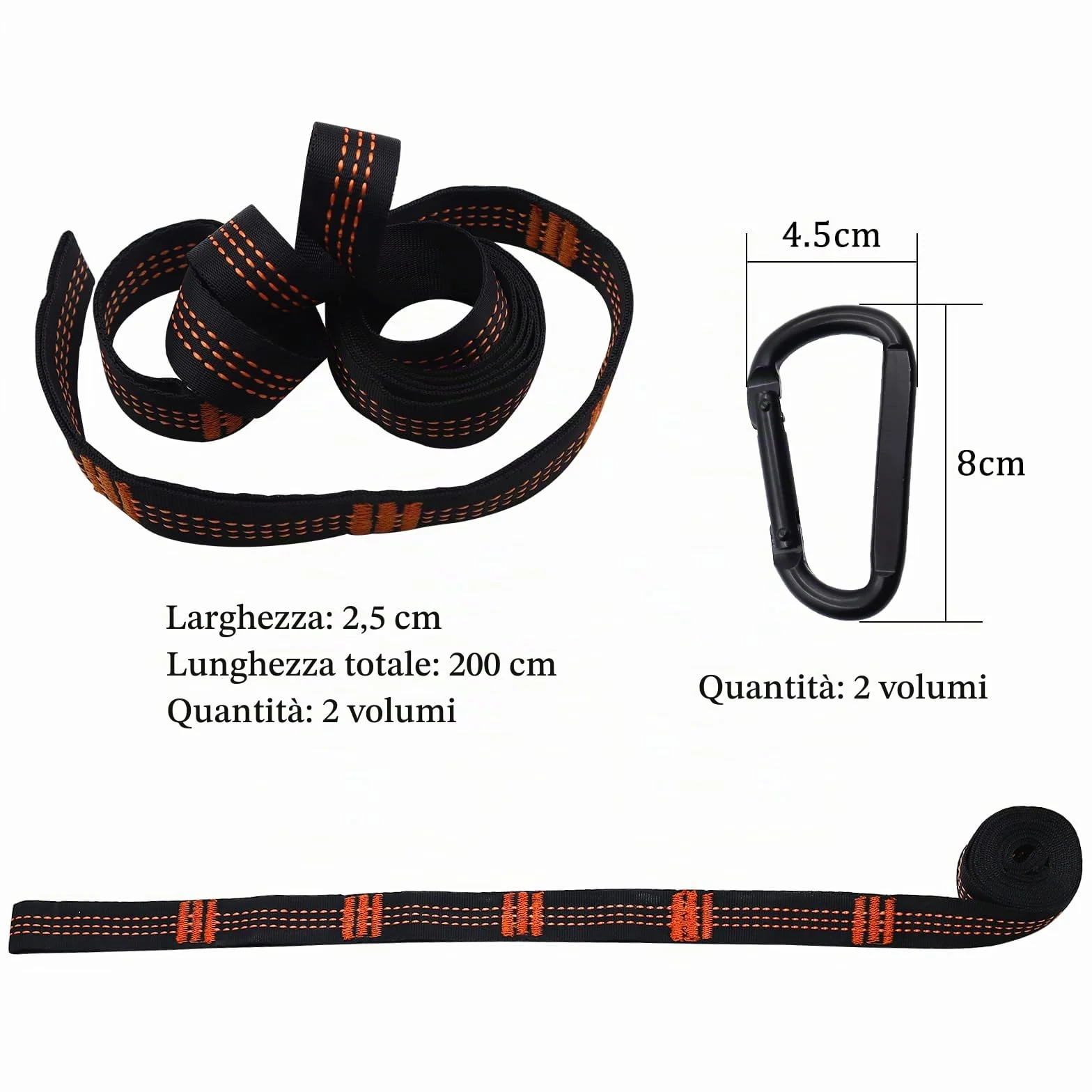 CONNECTION 2 Pezzi Cinghie per Amaca da Campeggio 2 m x 2.5 cm 300 kg con Moschettoni e Custodia