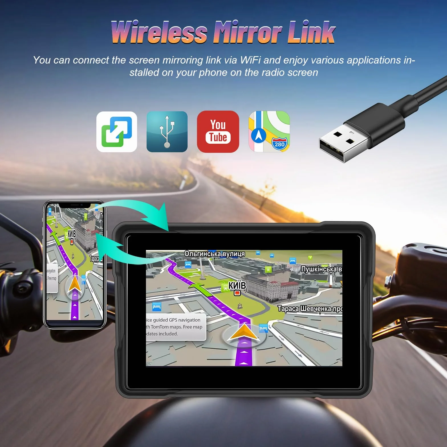 Schermo CarPlay Portatile 5" IP67 Android Auto Touch Screen Impermeabile Doppio Bluetooth GPS