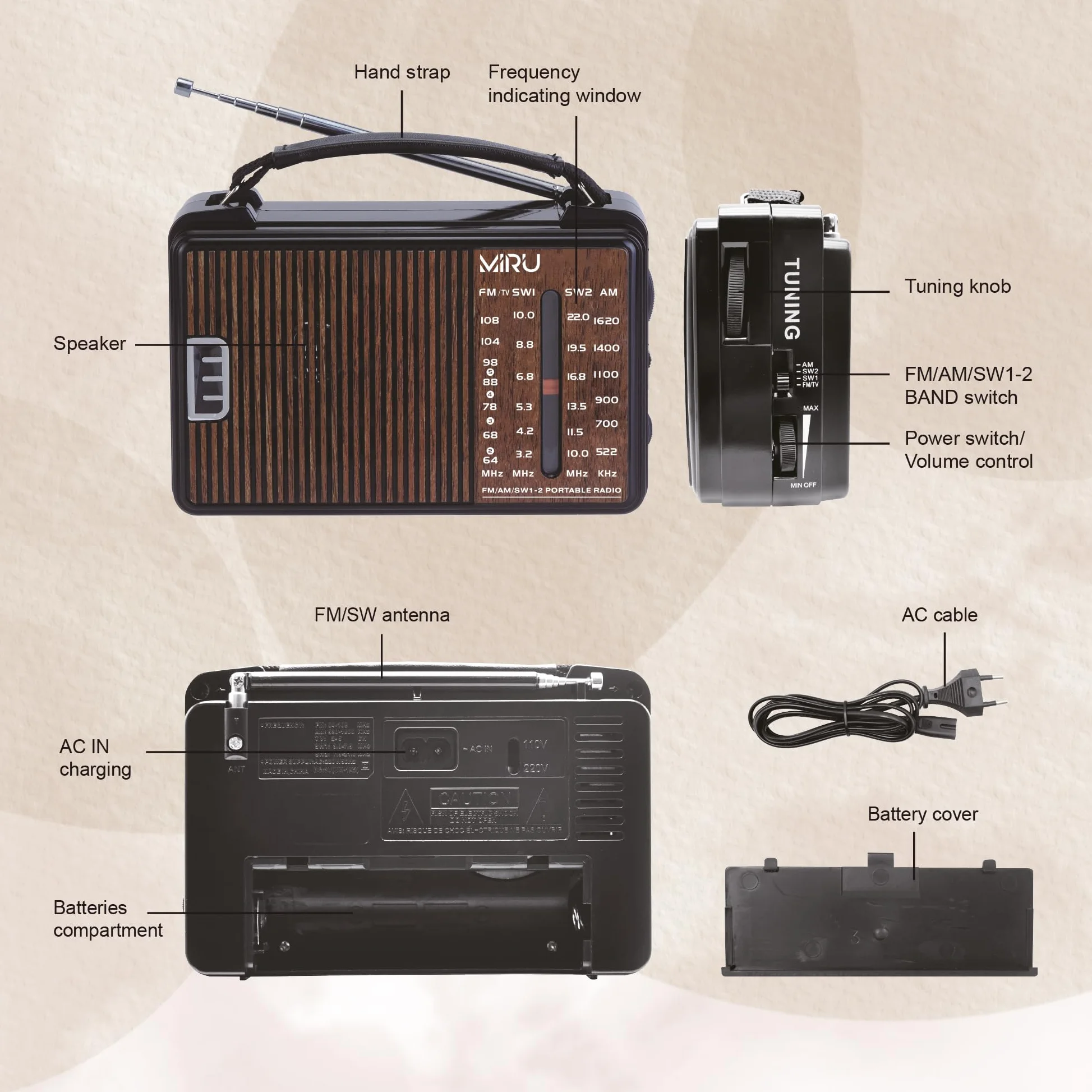 MIRU Radio Portatile AM/FM/SW SR-1021 con USB, Antenna Telescopica, 220V, Nero Legno