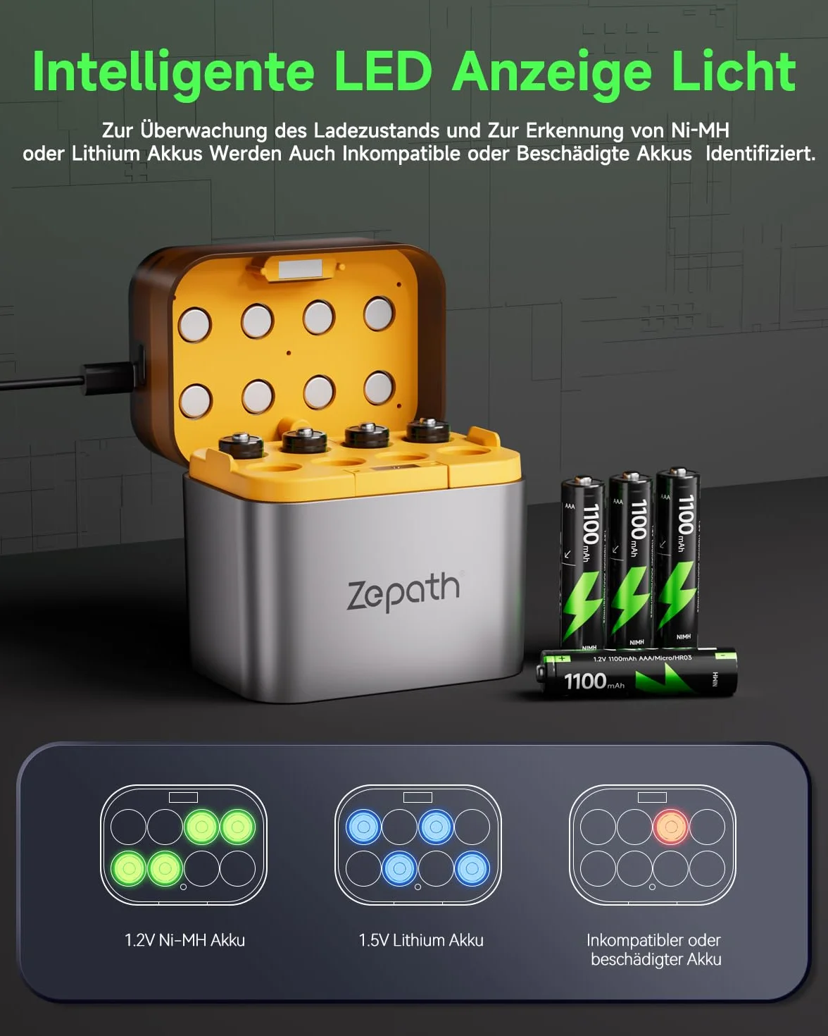 Caricabatterie ibrido Li-Ion NI-MH 16 batterie AAA ricaricabili 1100 mAh 1,2 V