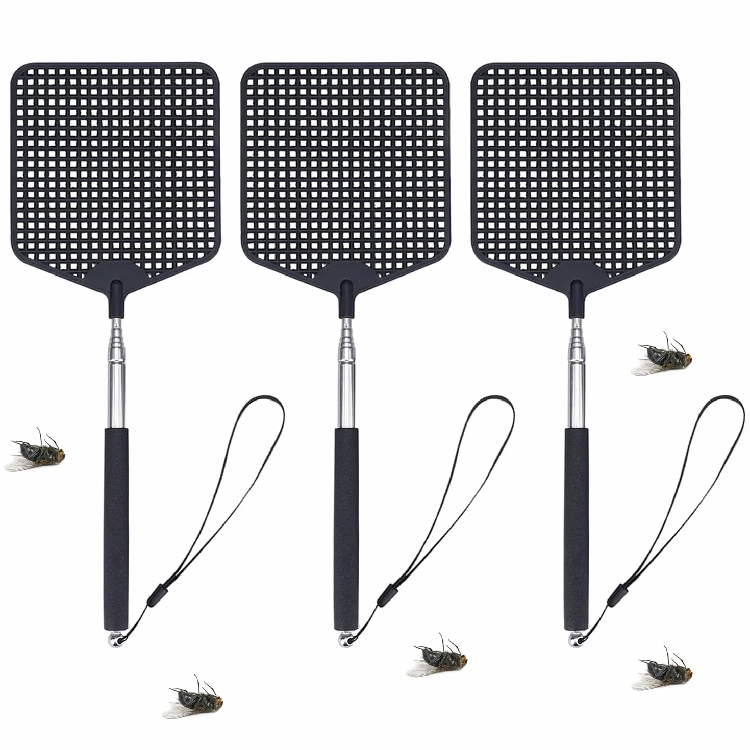 Paletta Mosche, 3 pezzi Paletta Scacciamosche Estensibile, Asta in Acciaio Inox, Allungabile Fino a 74 cm, Nero