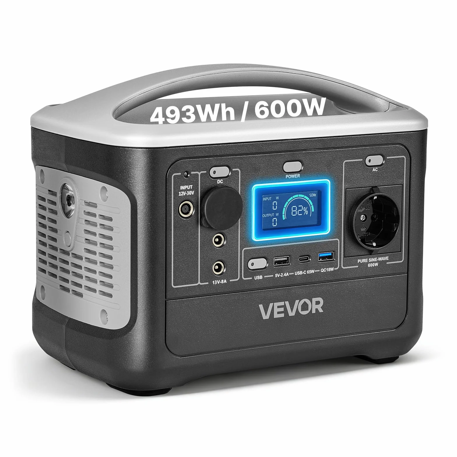 VEVOR Centrale Elettrica Portatile da Esterno Generatore da 600 W Batteria Backup LiFePO4 da 493 Wh con 7 Porte di Uscita per Emergenza, Generatore Solare per Campeggio Viaggio, Senza Pannello Solare