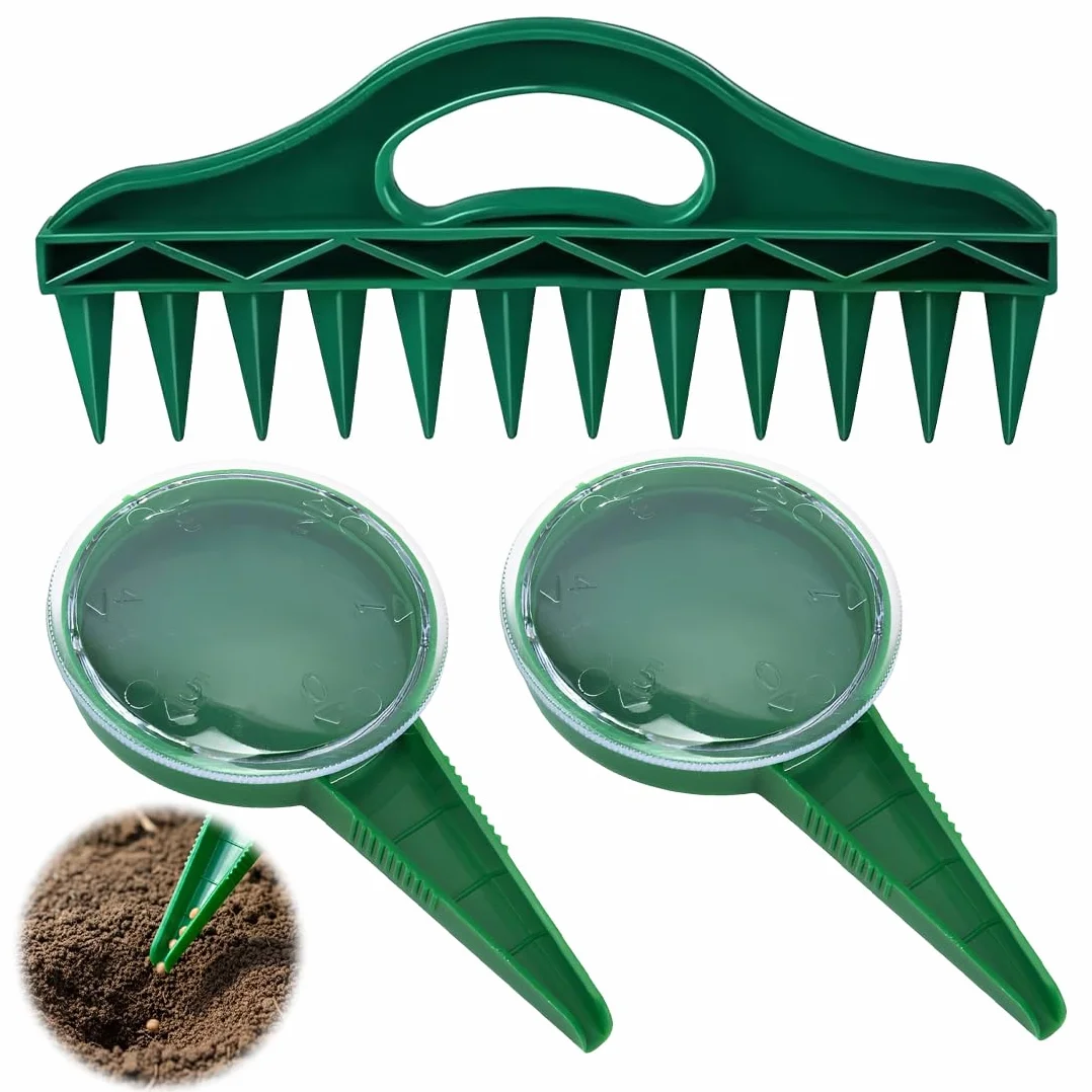 2pcs Seminatore manuale regolabile con 1 pc rastrello verde scuro per piantare verdure frutta e fiori per appassionati di giardinaggio