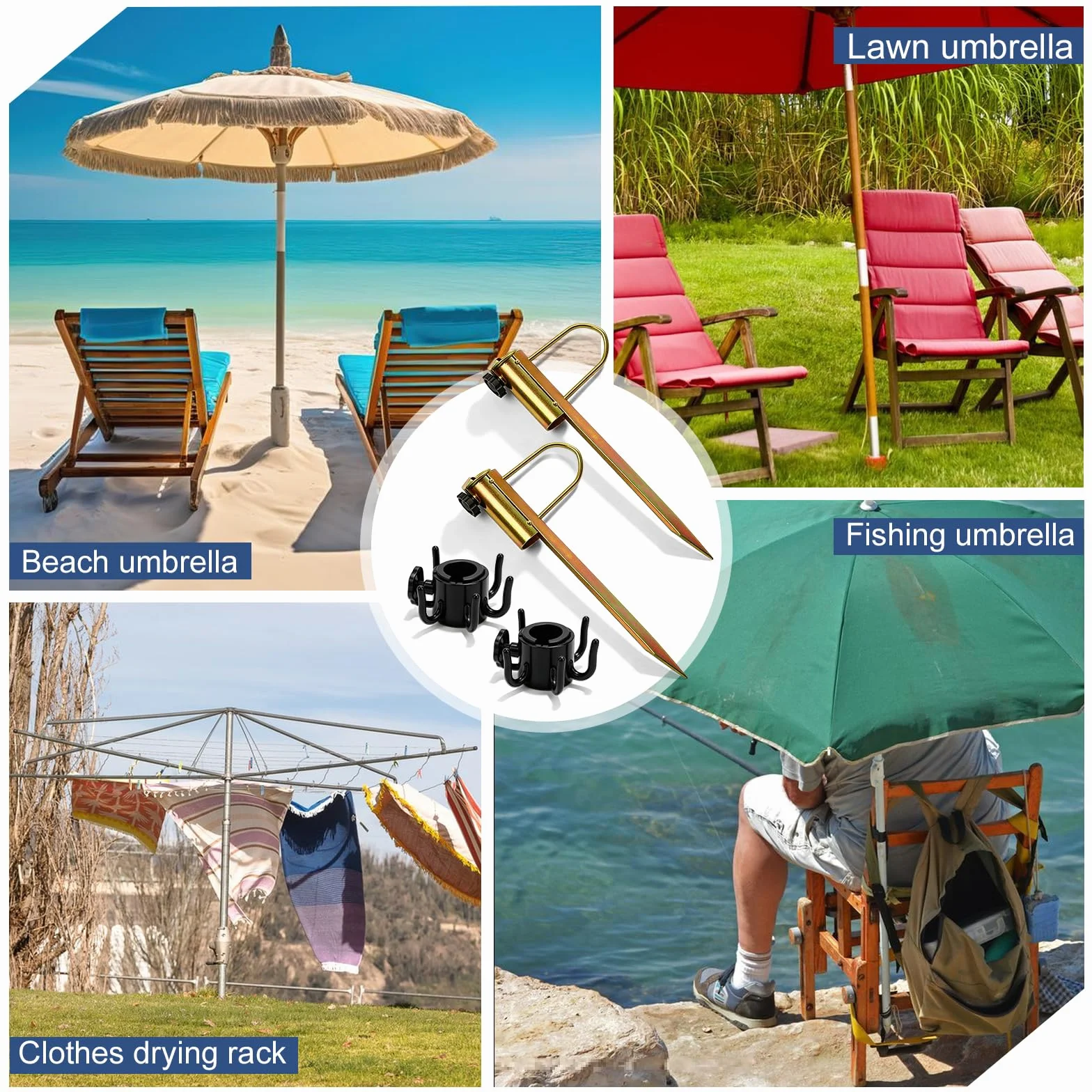 2 pezzi porta ombrellone, supporto per ombrellone da prato, per ombrelloni, picchetto con gancio, ombrellone da spiaggia, sabbia ancora, in ferro zincato, per ombrelloni con diametro di 22 – 32 mm