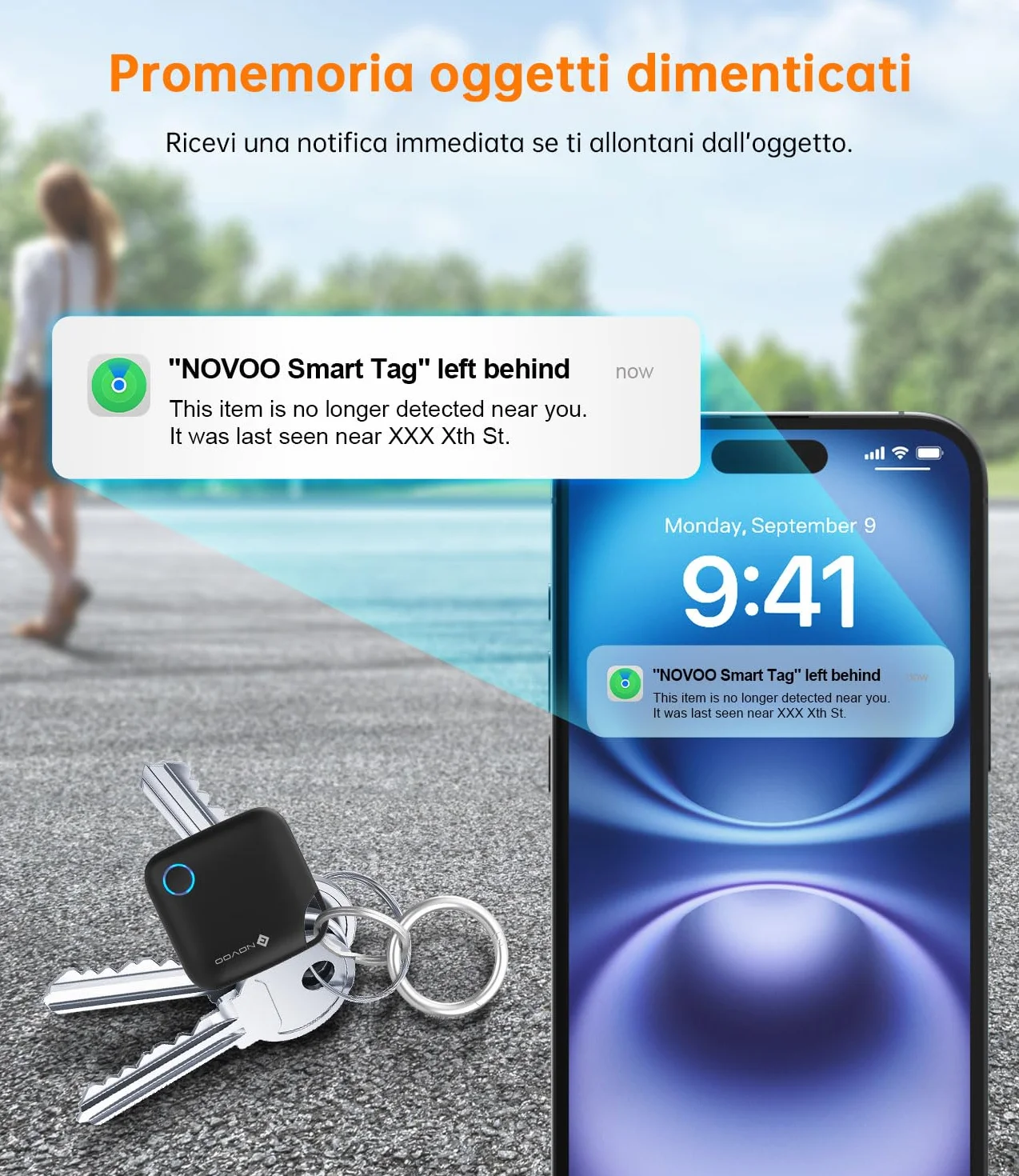 NOVOO Smart Tag Apple Find My Localizzatore Oggetti Allarme 80 dB Batteria Sostituibile Blocco Bambini Tracker Chiavi Portafoglio Bagagli 4 Pezzi