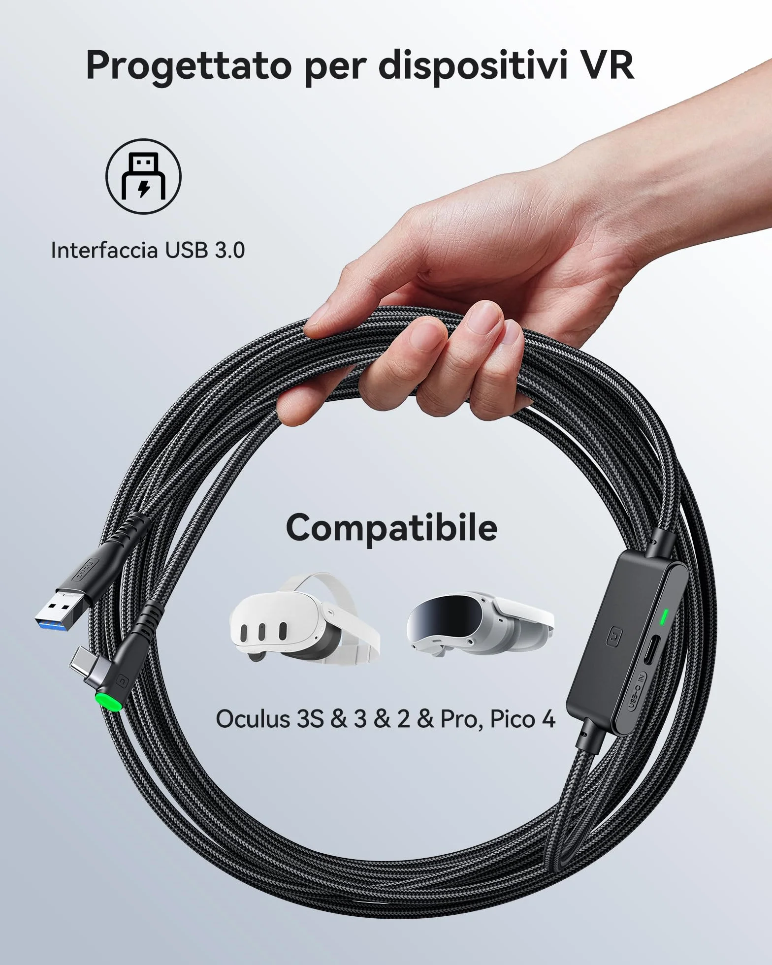 INIU Cavo USB A 3.0 a USB C 5m per Meta Oculus Quest 3 2 1 Pro Pico 4 VR