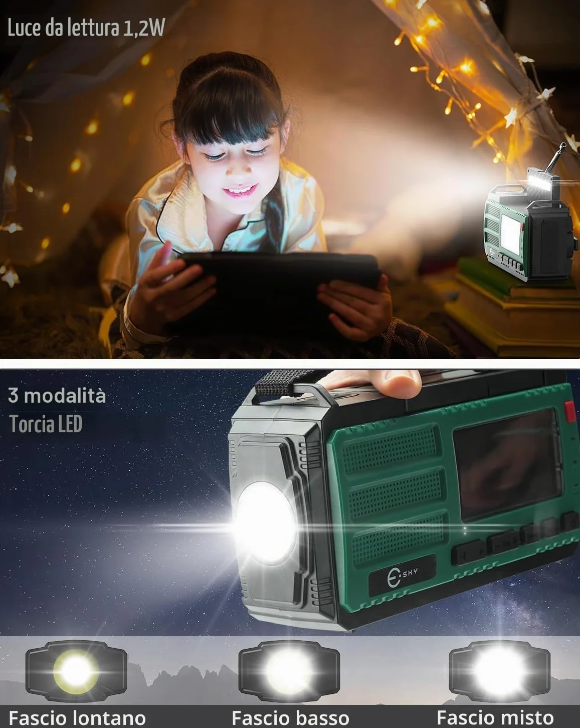 Esky 10000 mAh Radio Manovella AM/FM/NOAA Solare Portatile con Torcia, Bussola, Allarme SOS per Campeggio Emergenza