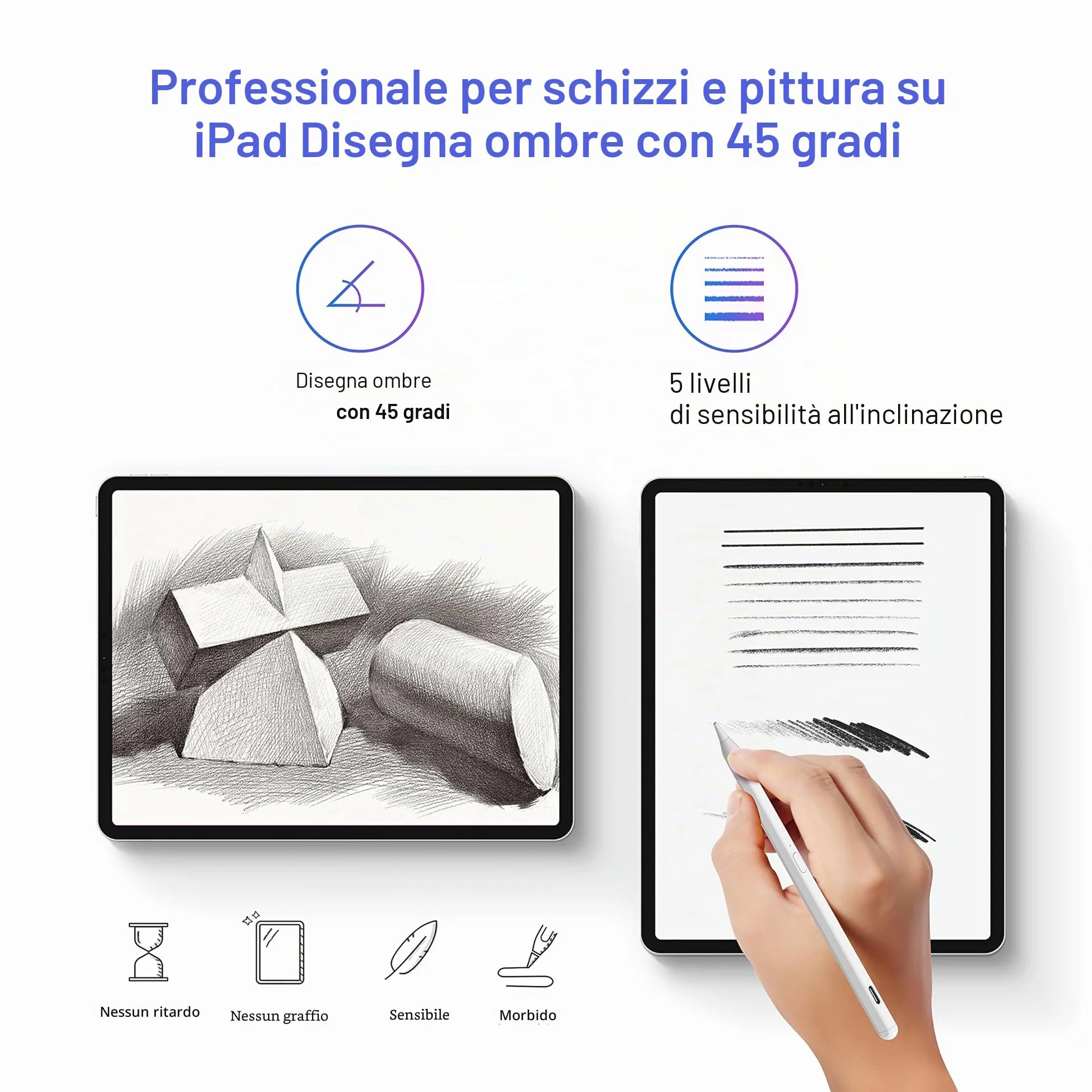 Penna Stilo per Apple iPad (2018-2024) con Sensibile all'inclinazione, Magnetica, Compatibile iPad 6/7/8/9/10/Pro/Air/Mini