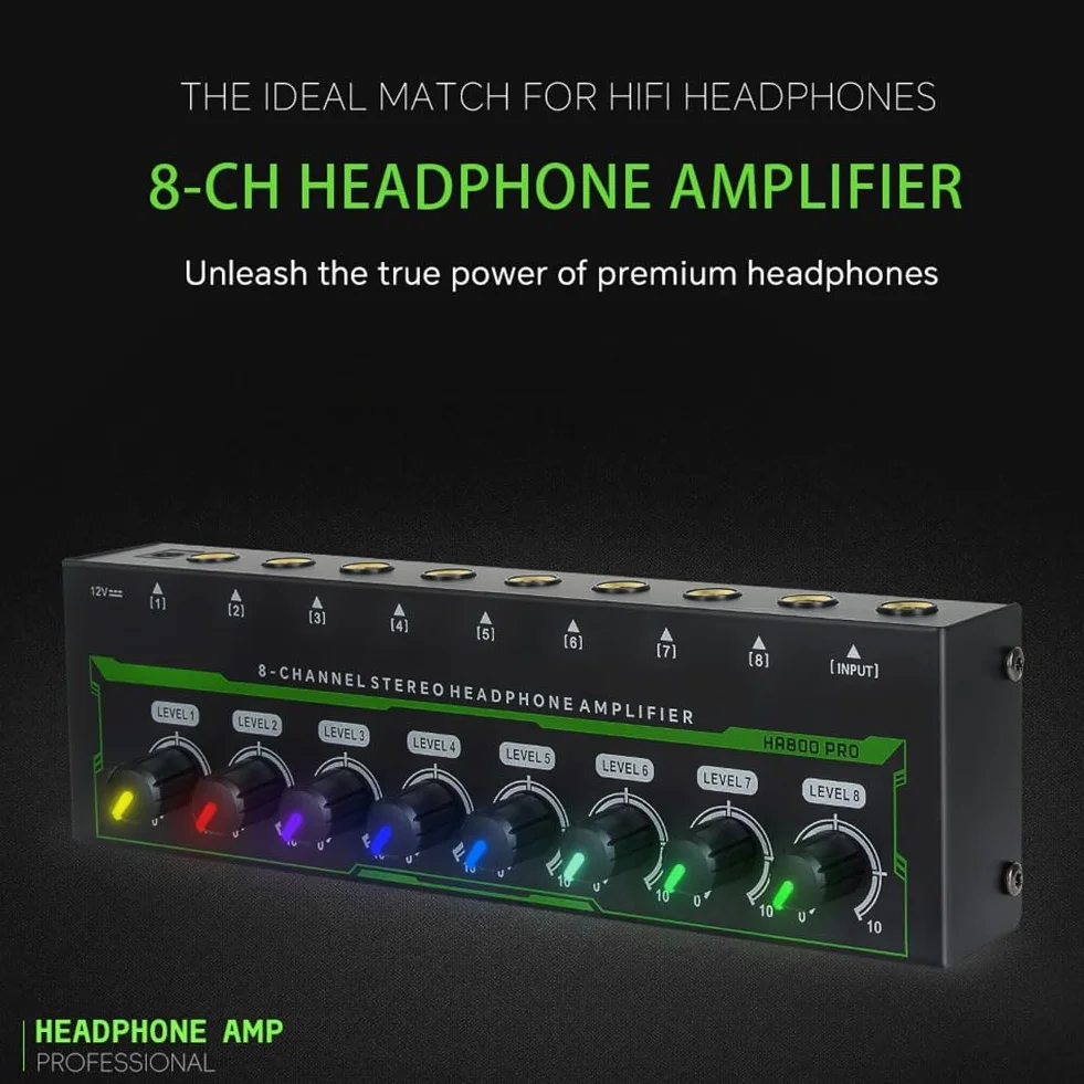 HA800 Pro 8 Canali Amplificatore per Cuffie Stereo RGB per Mixer Musicale Registrazione
