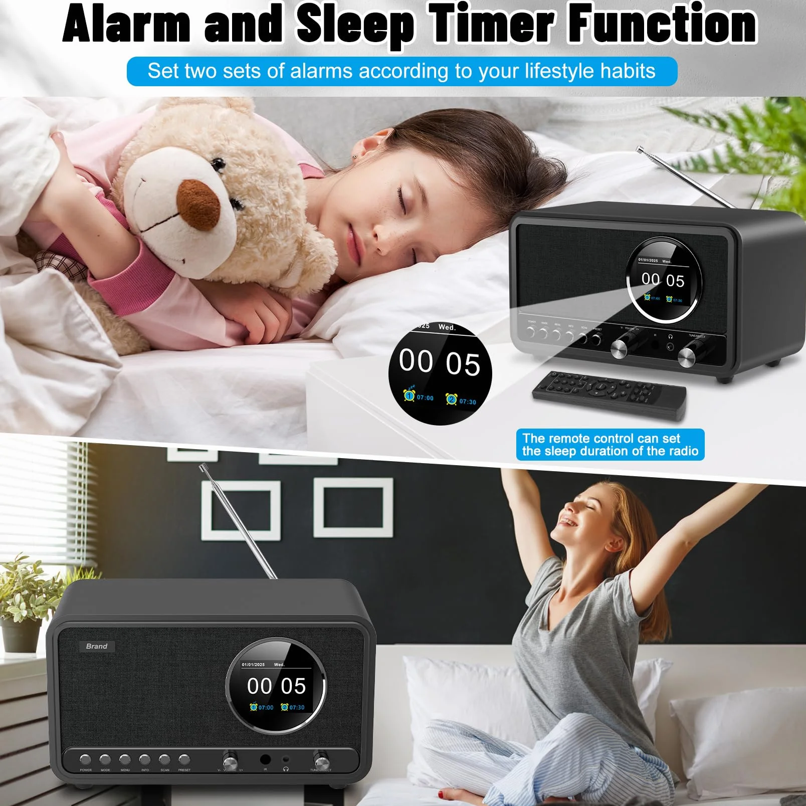 Radio DAB Plus FM Bluetooth Digitale da Cucina con Telecomando e Sveglia Snooze USB Aux Nero
