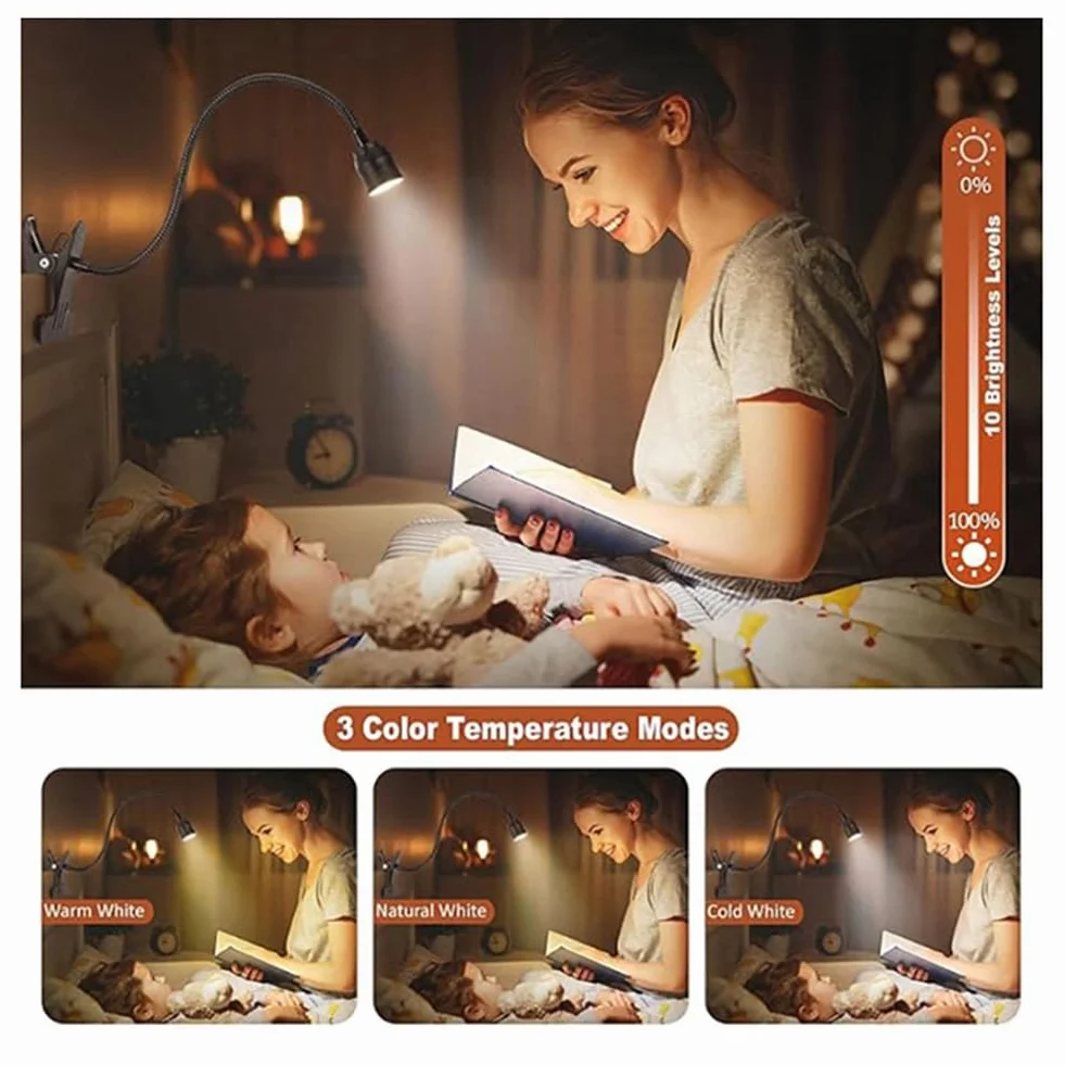 Luce LED da Lettura USB A Pinza con Tre Colori e Regolazione Intensità per Libri