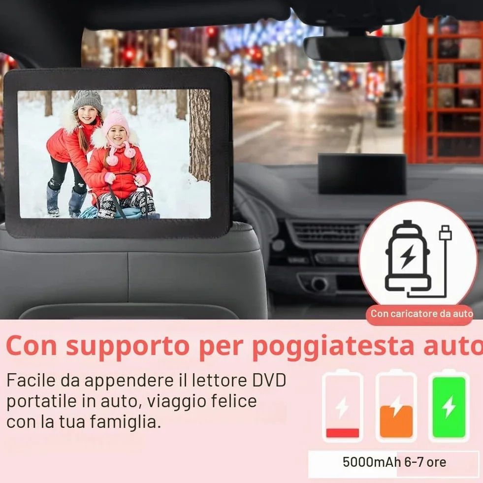 Lettore DVD portatile 17,9 pollici schermo girevole 14,1" batteria 6 ore supporto poggiatesta auto nero