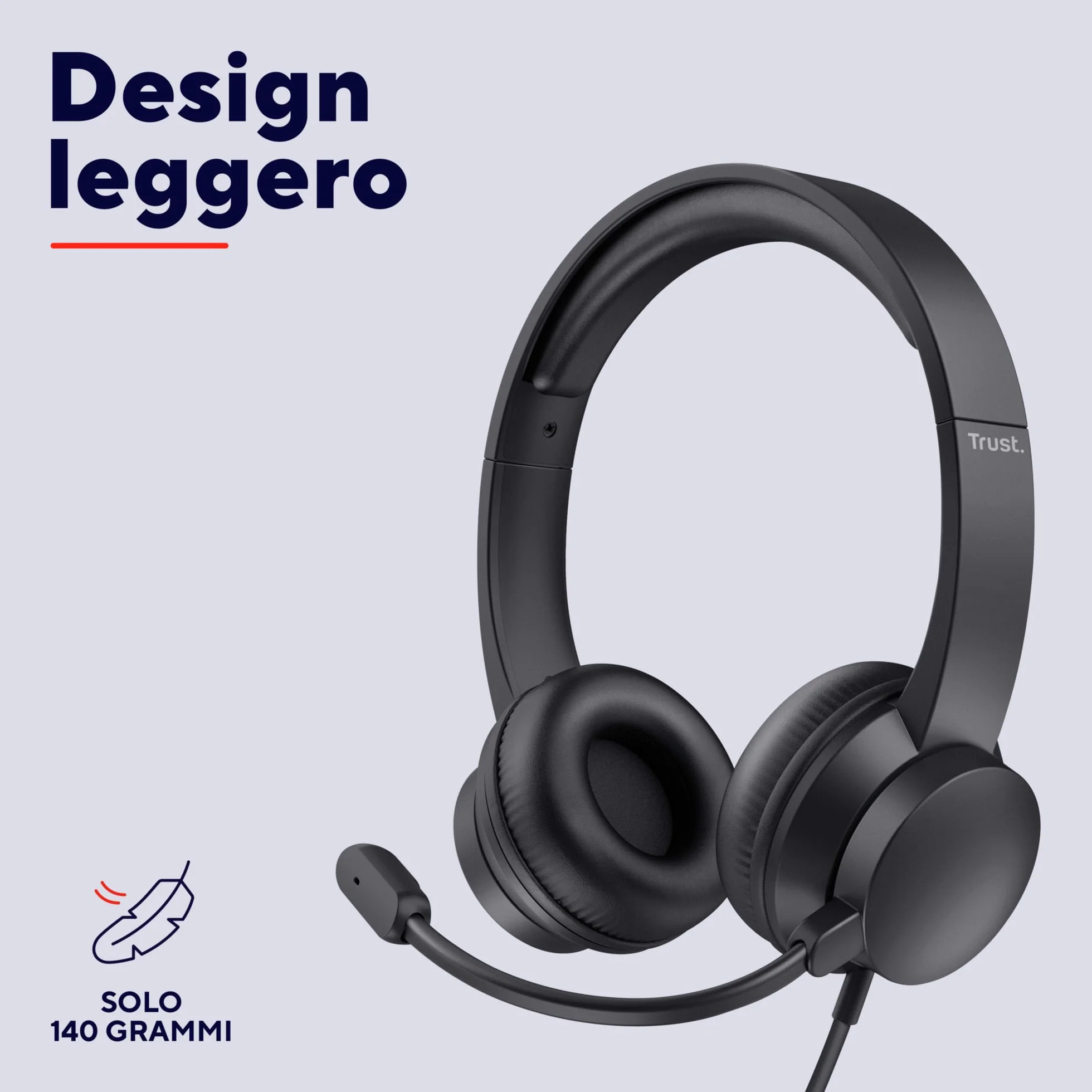 Trust USB Cuffie con Microfono Leggere On-Ear, Auricolari con Filo 1,80 m, Archetto Regolabile, Headphones Cablato per PC Laptop Nero