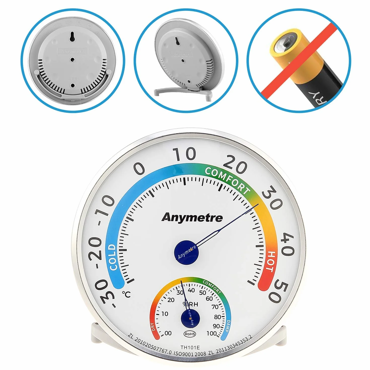 Termometro Igrometro analogico 2 in 1 interno esterno, senza batterie, con supporto, per casa e serra