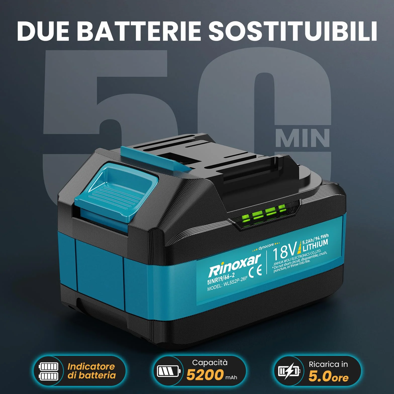Soffiatore a Batteria, 5 Velocità Soffiatore Elettrico Senza Filo con Motore Brushless, 2 batterie da 5.2Ah/18V, 35.000 RPM, Velocità Aria 180 km/h, Portata Aria 800 m³/h, 2 Ugelli Intercambiabili