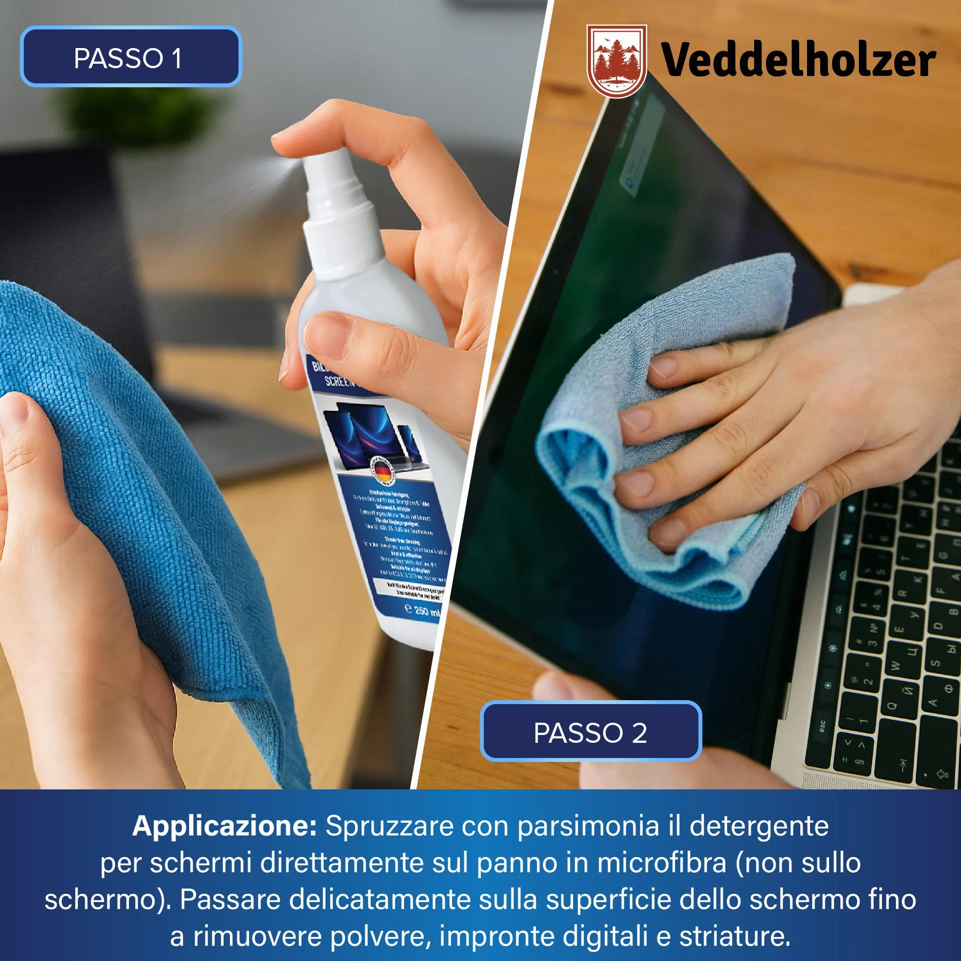 Veddelholzer Set di pulizia dello schermo 250 ml, detergente per display con panno in microfibra e pennello per tastiera